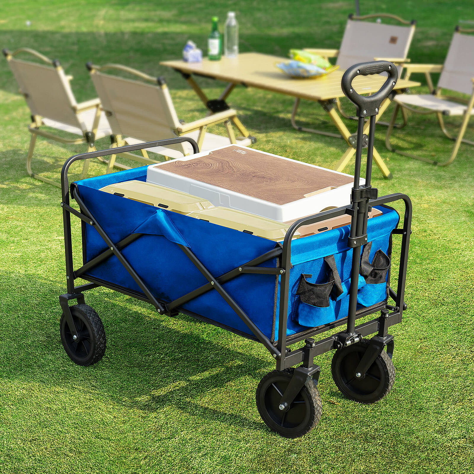 Collapsible Foldable Wagon Cart-with All-Terrain Wheels, Heavy Duty Utility Grocery Wagon with Drink Holders for Shopping Sports Camping