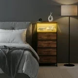 edx 3 Fabric Drawers Nightstand with Charging Station & USB/Type-C Ports and Outlets, Variable Light Strip Bedside End Table with Adjustable Feet for Bedroom, Rust Brown