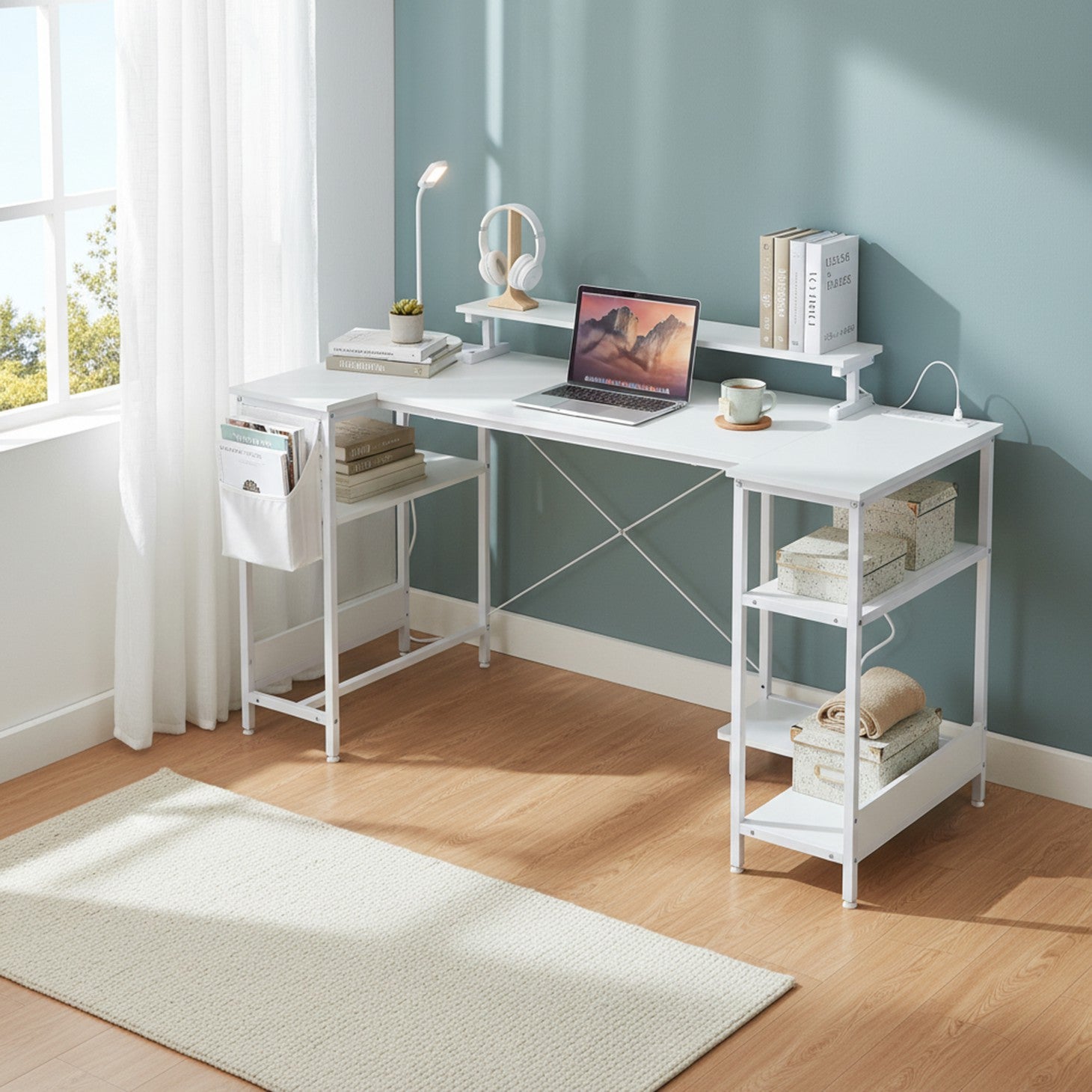 Edx L-Shaped Gaming Desk with USB-C Charging Ports, Smart LED Lights, 3 Storage Shelves & Monitor Stand Electric Corner Computer Desk for Home Office