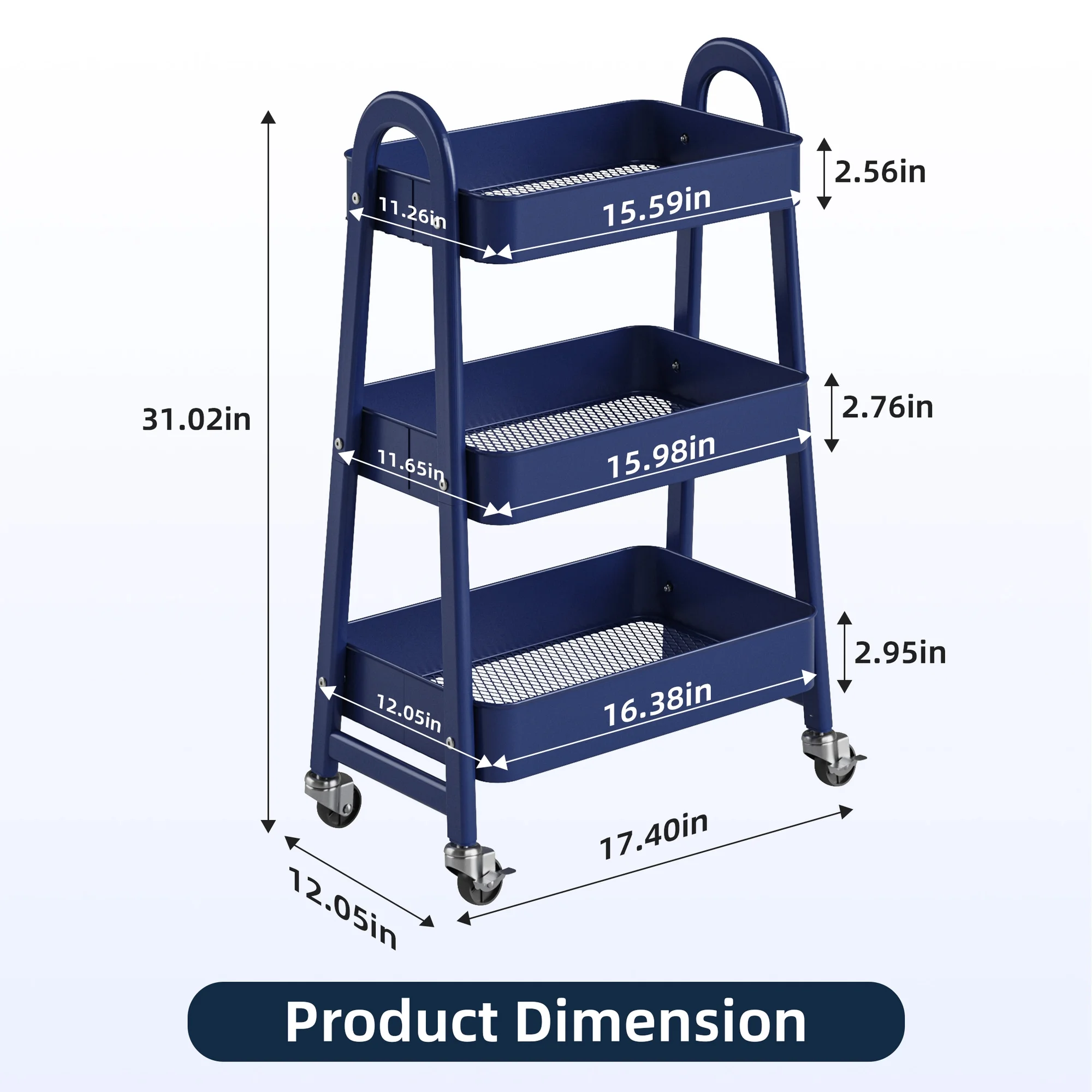 3 Tier Rolling Cart, Metal Utility Storage Cart with Lockable Wheels for Livingroom, Bathroom, Kitchen & Narrow Spaces