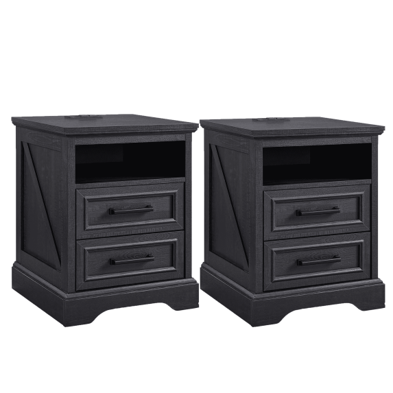 EDX Wood Nightstand with Drawers and Charging Station, Bedside Table for Bedroom or Living Room