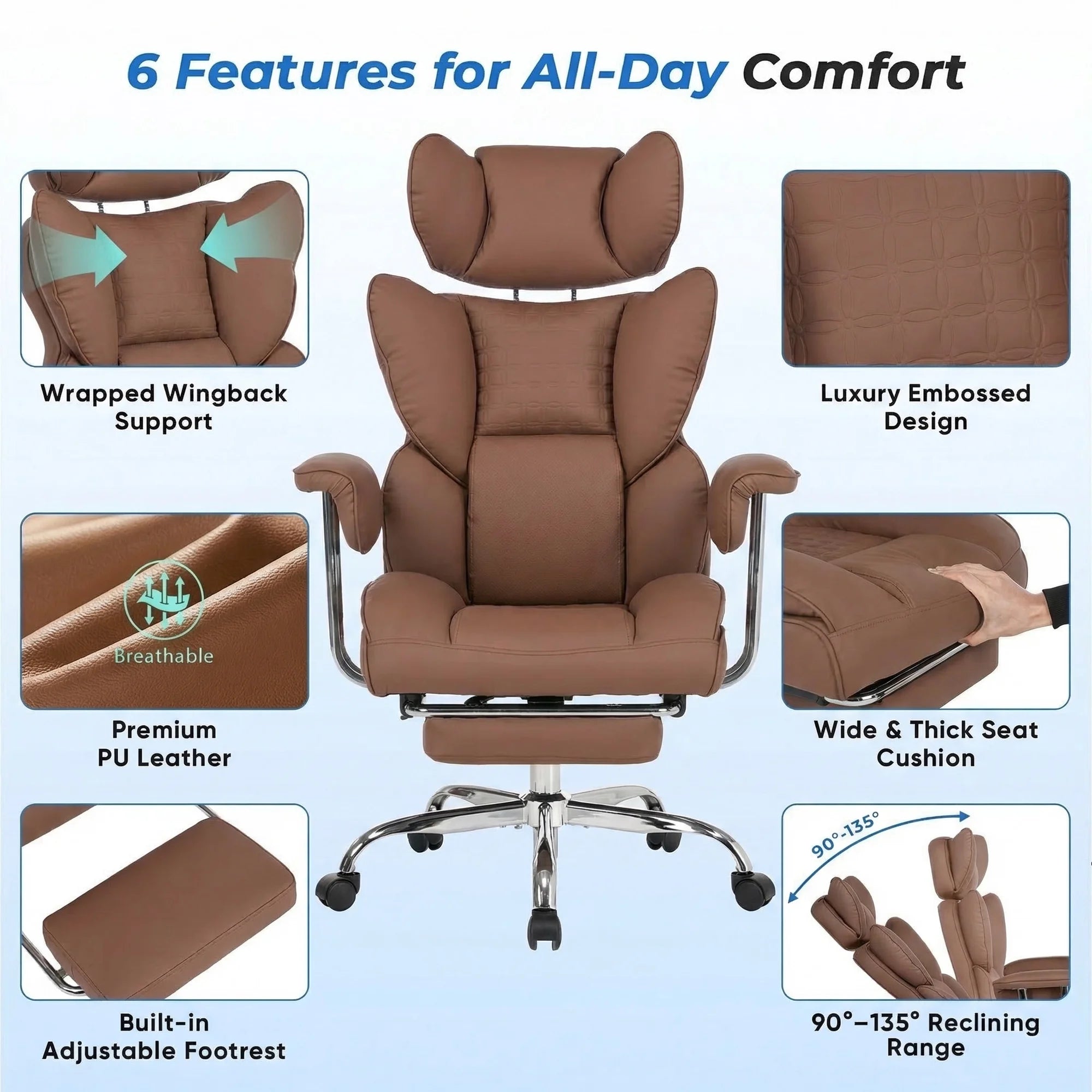 EDX Big and Tall Office Chair, Ergonomic PU Leather Executive Computer Chair with Footrest, Pocket Spring Support, 350 LBS Capacity, For Home Office