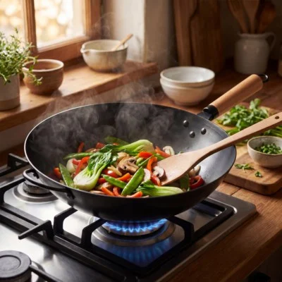 edx 13.5" Carbon Steel Wok Pan, Nonstick Stir-fry Pan, Pre-Seasoned Flat Bottom Chinese Wok, Compatible with Induction, BBQ & Camping Cookware