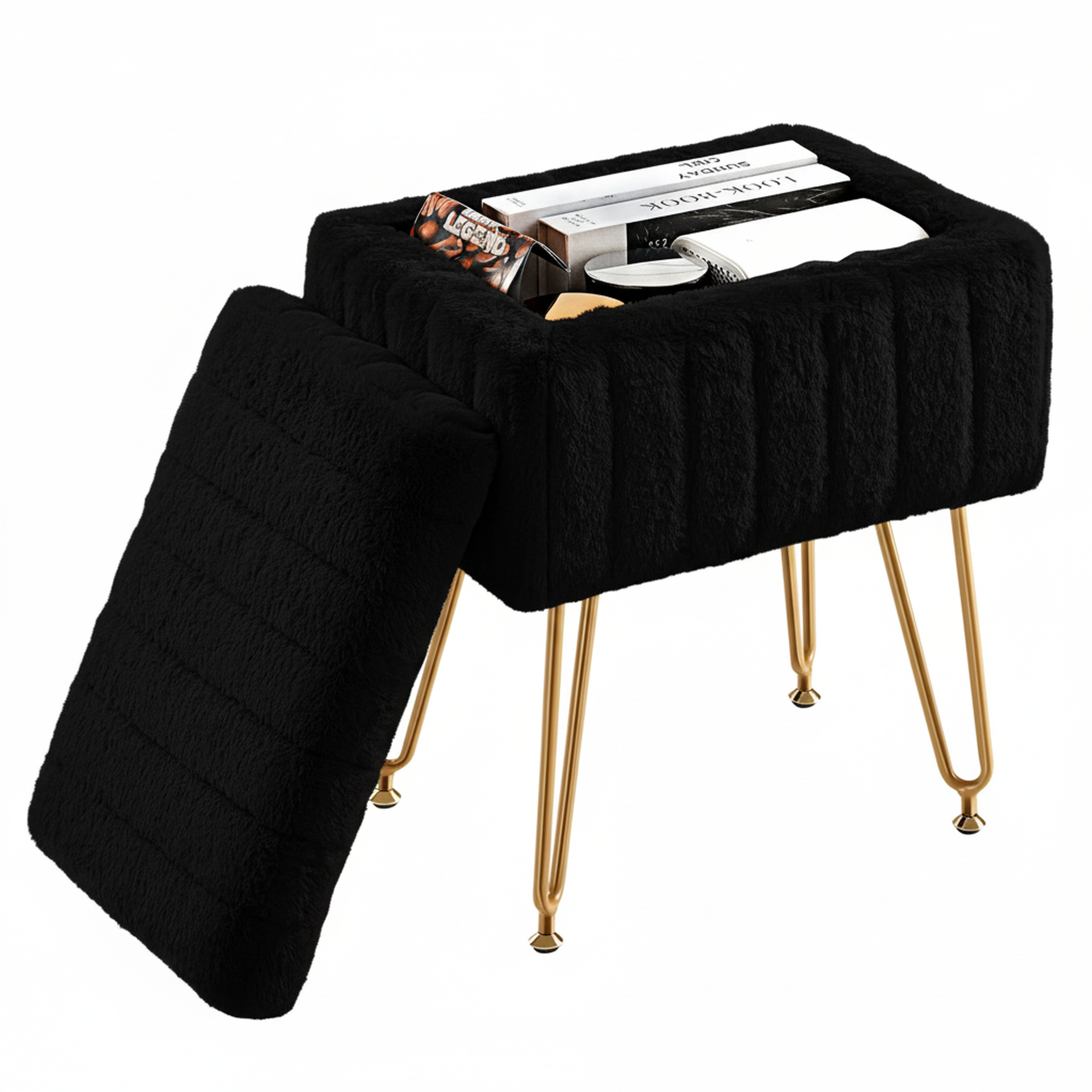 ZUNMOS Ottoman Vanity Stool Chair, with Storage, Modern Style Faux Fur Seat with 4 Metal Legs & Non-slip Feet for Living Room, Bedroom