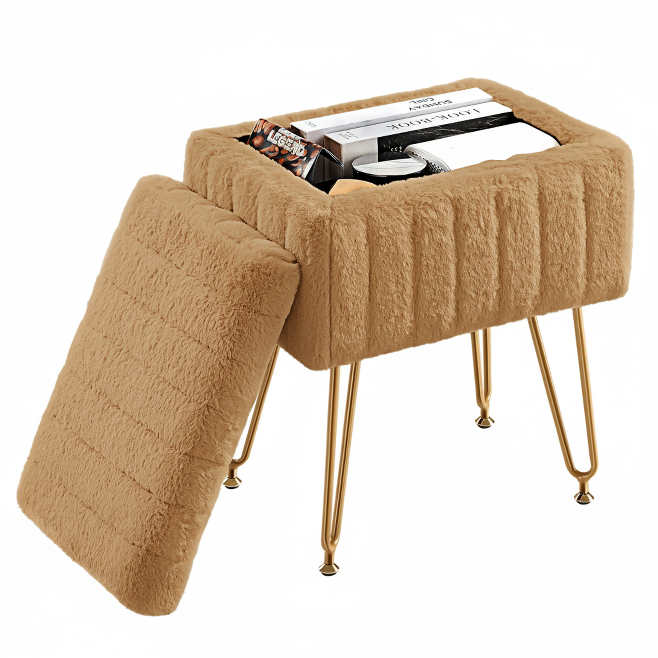 ZUNMOS Ottoman Vanity Stool Chair, with Storage, Modern Style Faux Fur Seat with 4 Metal Legs & Non-slip Feet for Living Room, Bedroom