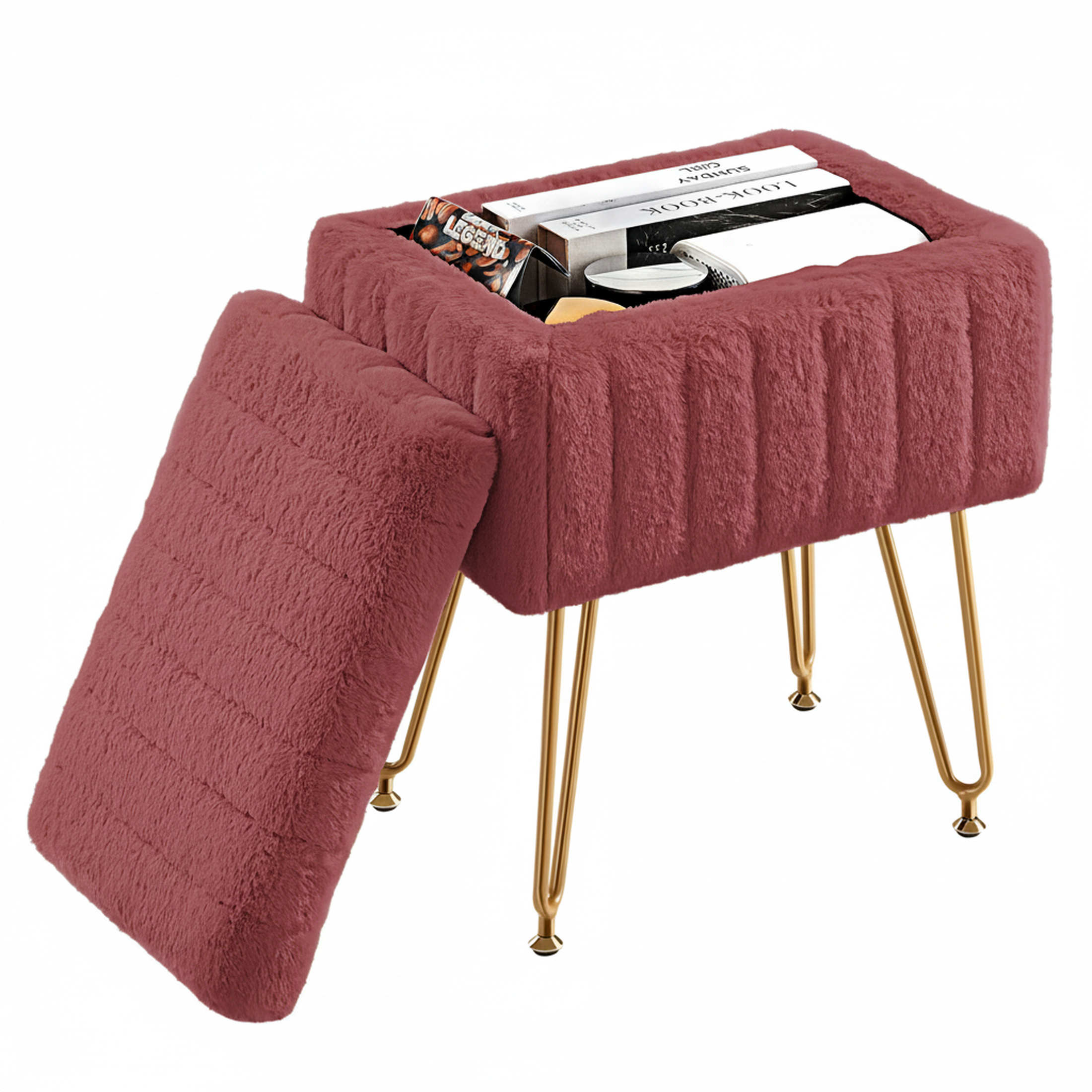 ZUNMOS Ottoman Vanity Stool Chair, with Storage, Modern Style Faux Fur Seat with 4 Metal Legs & Non-slip Feet for Living Room, Bedroom