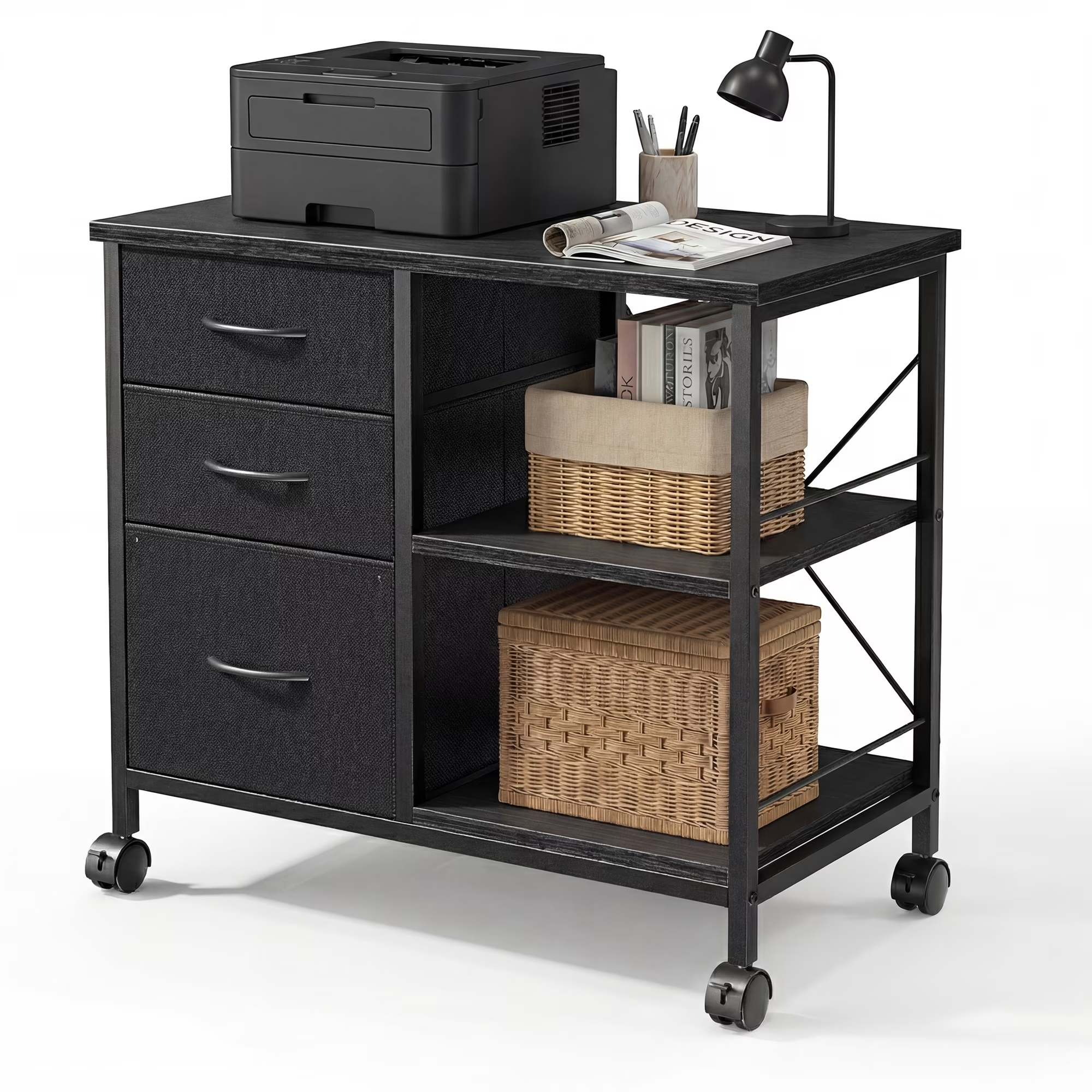 EDX 3 Drawer Mobile File Cabinet, Rolling Storage Cabinet with Open Storage Shelf, Fabric Lateral Filing Cabinet for Home Office