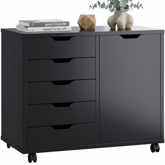Gianna 5-Drawer Wood File Cabinet,Mobile Printer Stand with Adjustable Shelf & Wheels,Storage Shelves for Home Office