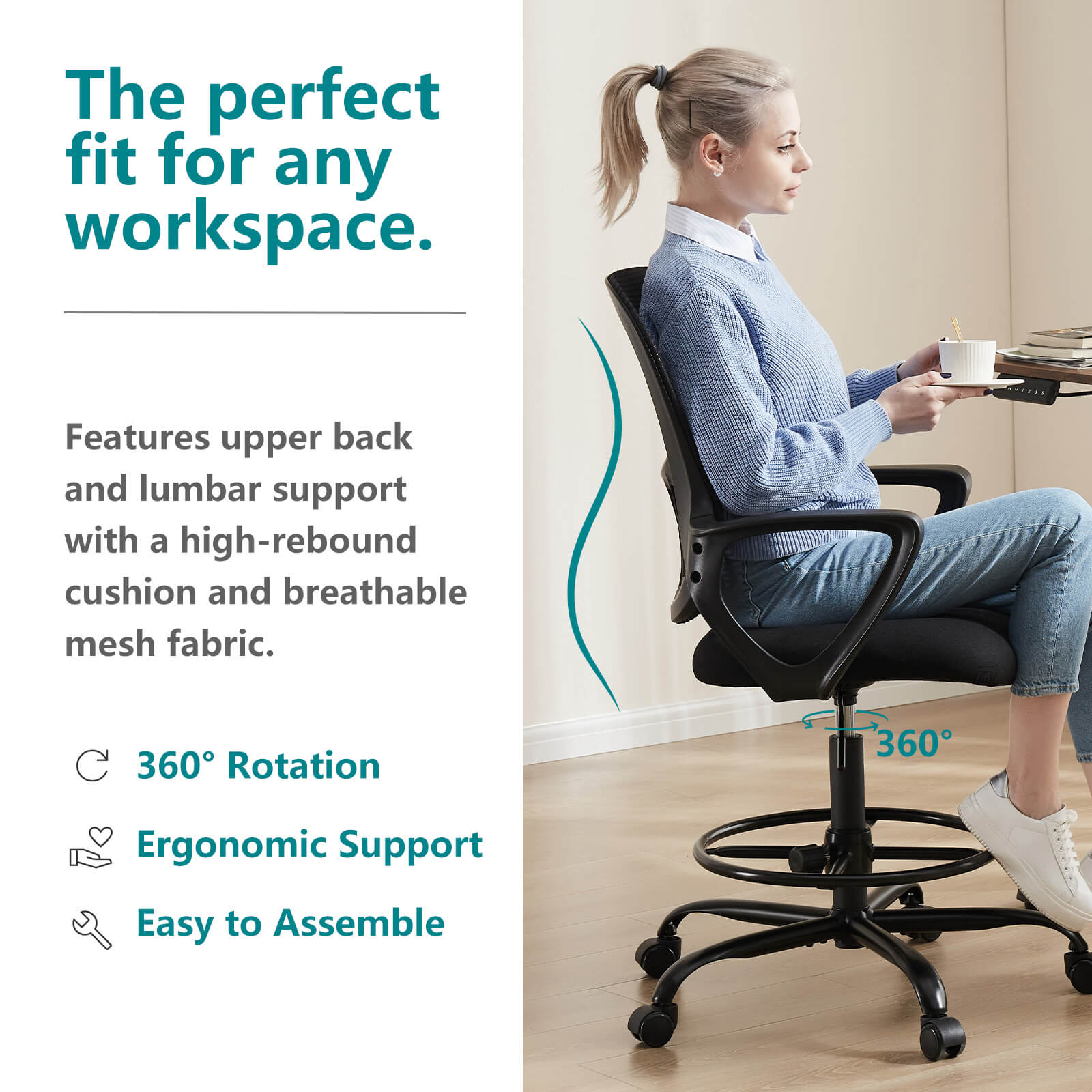 Tall Office Chair for Standing Desk with Adjustable Foot Ring,Counter Height Office Chairs