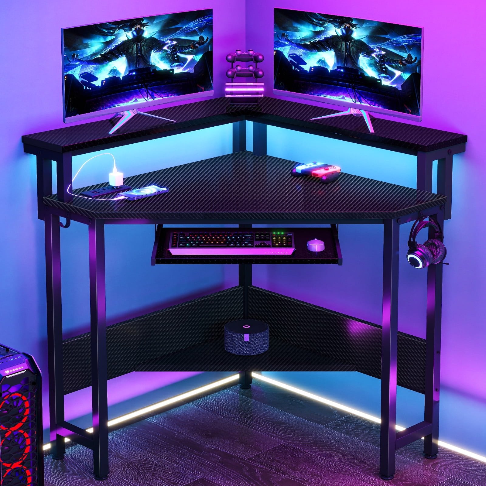 EDX Corner Office Gaming Desk 31 Inches L-Shaped Computer Desk with Charging Hub & Ergonomic Stand for Small Spaces