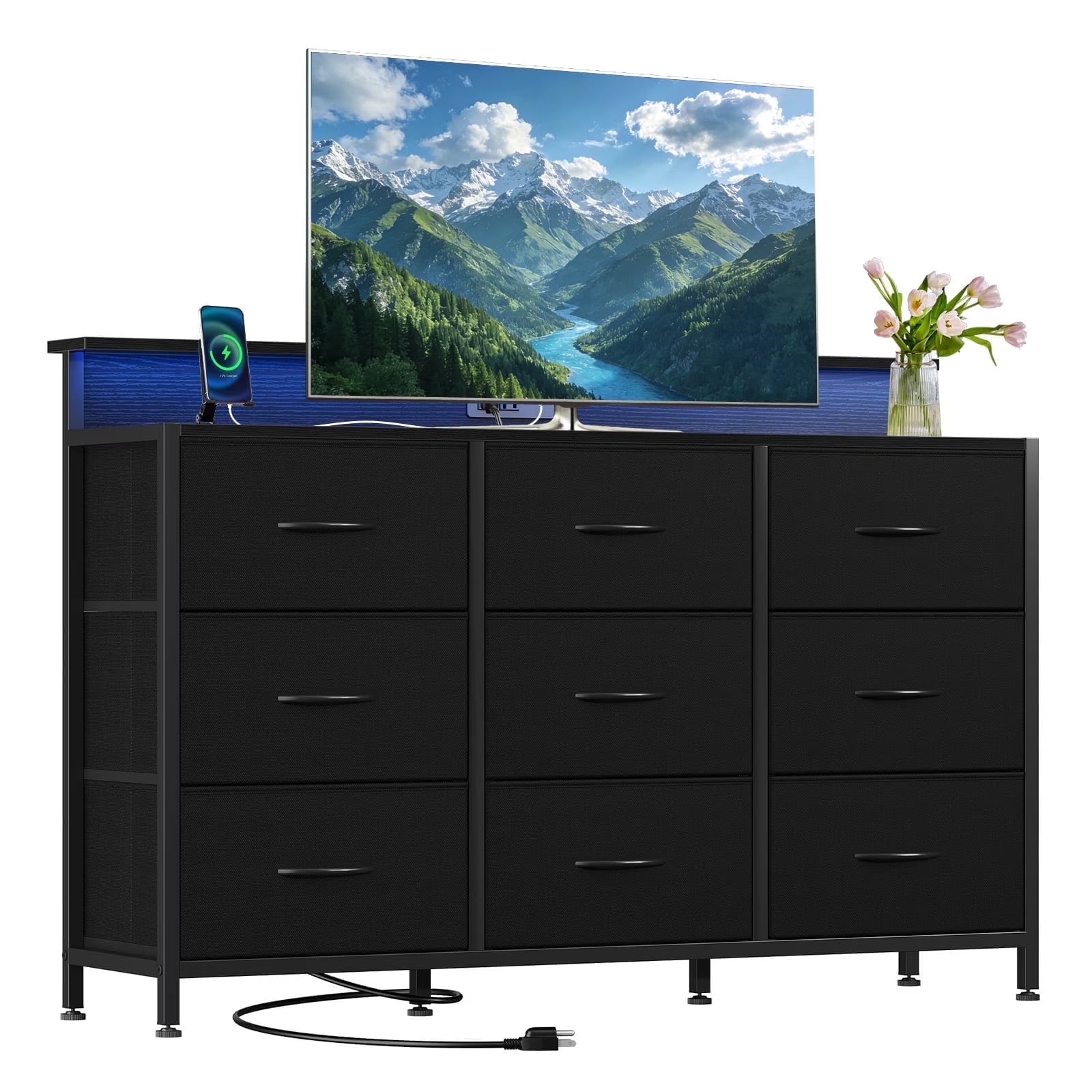edx 9 Fabric Drawers Dresser with Power Outlets and LED Light, Multifunctional TV Stand and Storage Cabinet, for Bedroom, Living Room, Office, Hallway