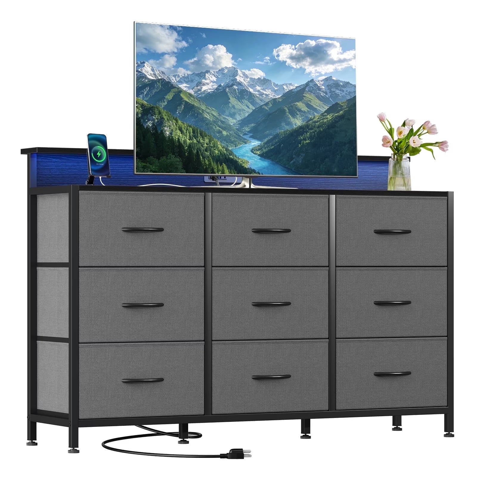 edx 9 Fabric Drawers Dresser with Power Outlets and LED Light, Multifunctional TV Stand and Storage Cabinet, for Bedroom, Living Room, Office, Hallway