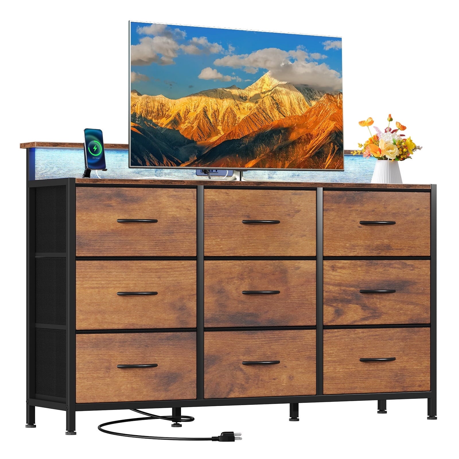 edx 9 Fabric Drawers Dresser with Power Outlets and LED Light, Multifunctional TV Stand and Storage Cabinet, for Bedroom, Living Room, Office, Hallway