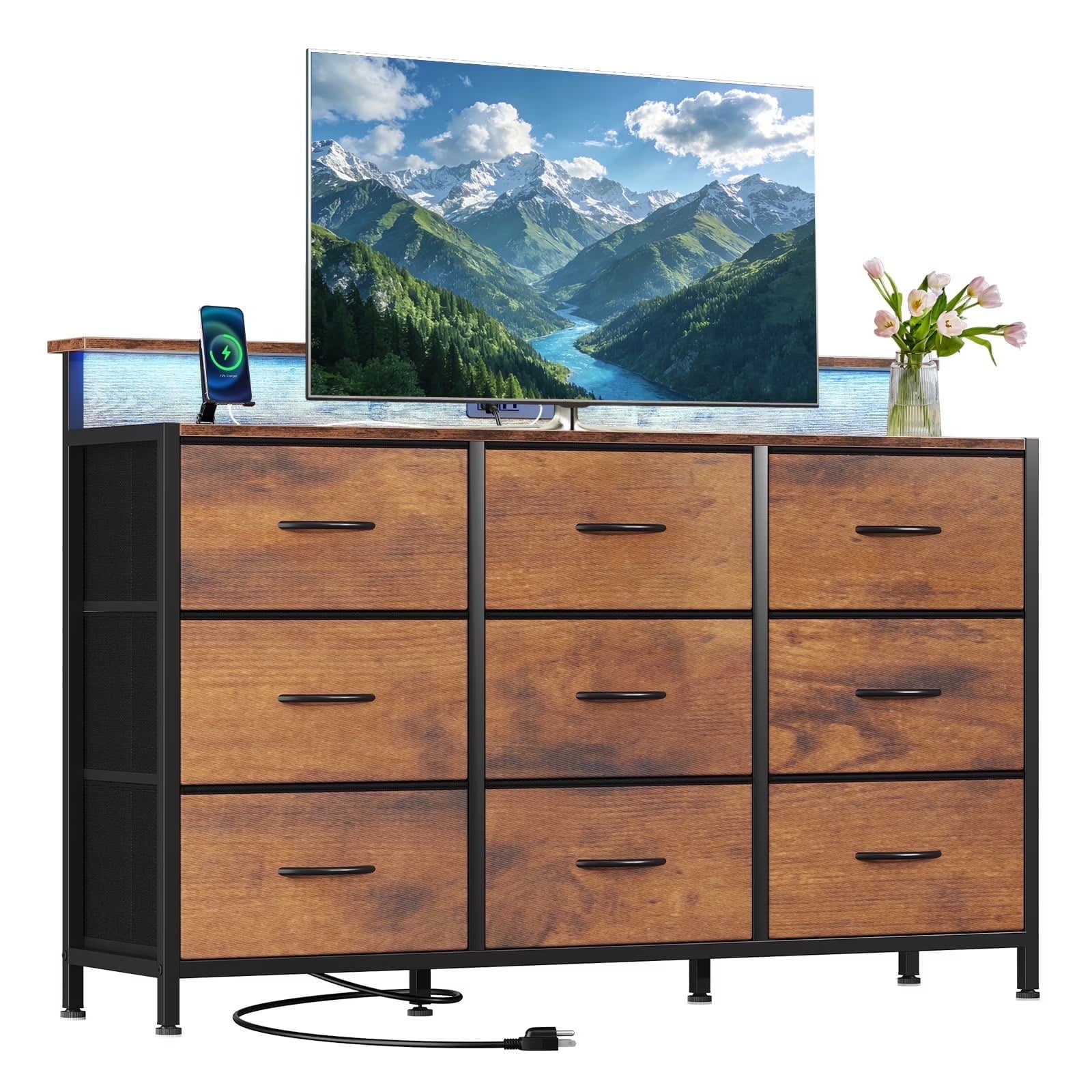 edx 9 Fabric Drawers Dresser with Power Outlets and LED Light, Multifunctional TV Stand and Storage Cabinet, for Bedroom, Living Room, Office, Hallway