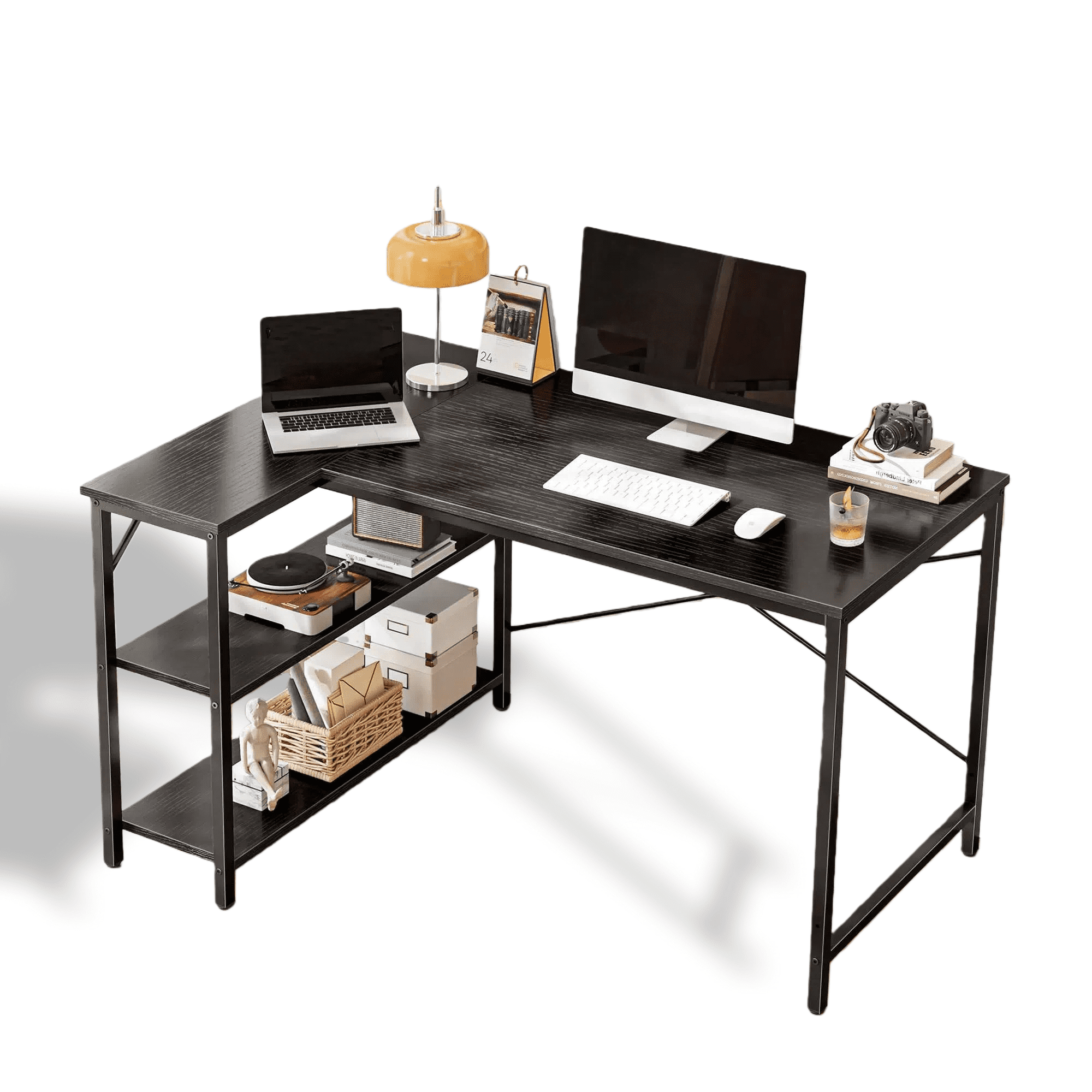 EDX 47 Inch L Shaped Computer Desk, Corner Desk with Storage Rack & PC Stand, Reversible Gaming Desk for Bedroom, Modern Writing Study Table for Home Office