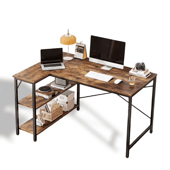 EDX 47 Inch L Shaped Computer Desk, Corner Desk with Storage Rack & PC Stand, Reversible Gaming Desk for Bedroom, Modern Writing Study Table for Home Office