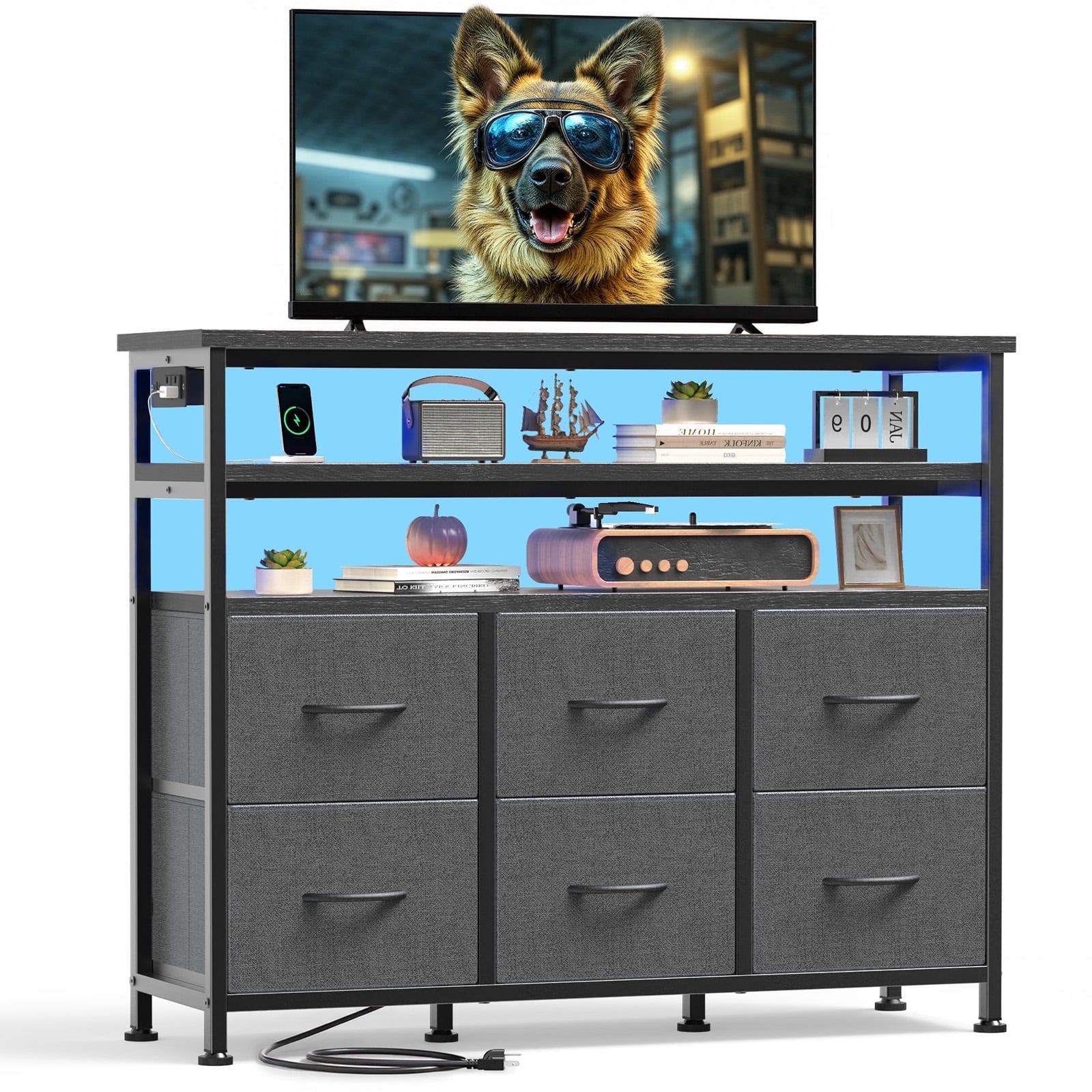 edx 6-Drawer Fabric Dresser with Double-Layer Top, Power Outlets and LED Light, Storage Organizer for Bedroom, Living Room, Hallway