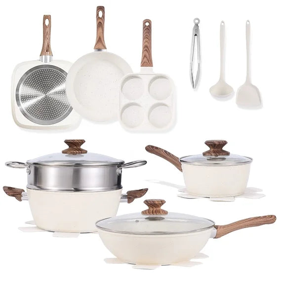 EDX 17-Piece Non-Stick Ceramic Granite Cookware Set with Stay-Cool Handles, Induction Compatible Pots and Pans Set for Healthy Cooking, Beige
