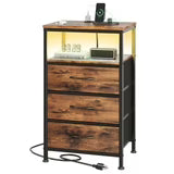 edx 3 Fabric Drawers Nightstand with Charging Station & USB/Type-C Ports and Outlets, Variable Light Strip Bedside End Table with Adjustable Feet for Bedroom, Rust Brown