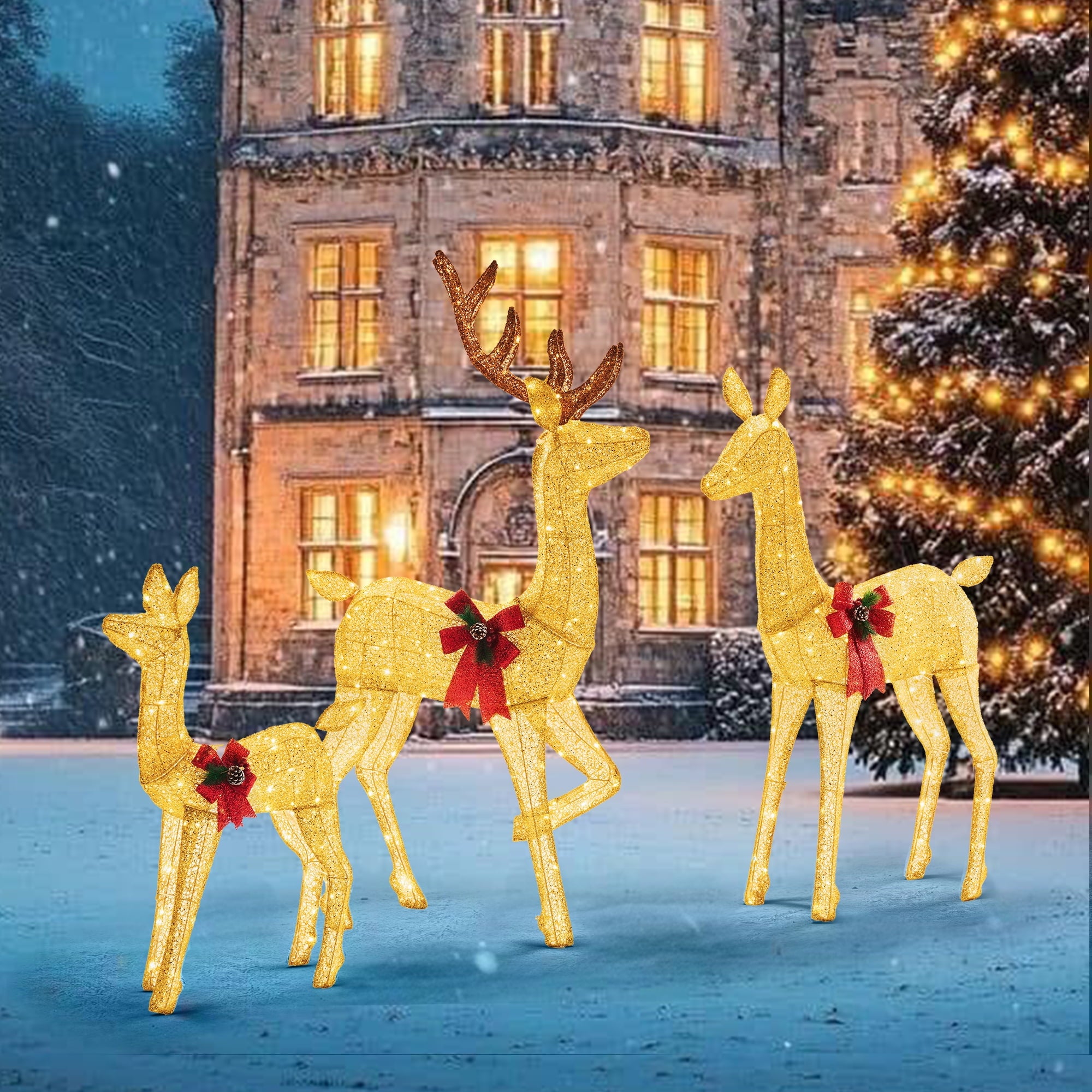 EDX 3-Piece Large Lighted Christmas Deer Family Set 5Ft Outdoor Yard Decoration with 360 LED Lights, Stakes, Zip Ties, Gold