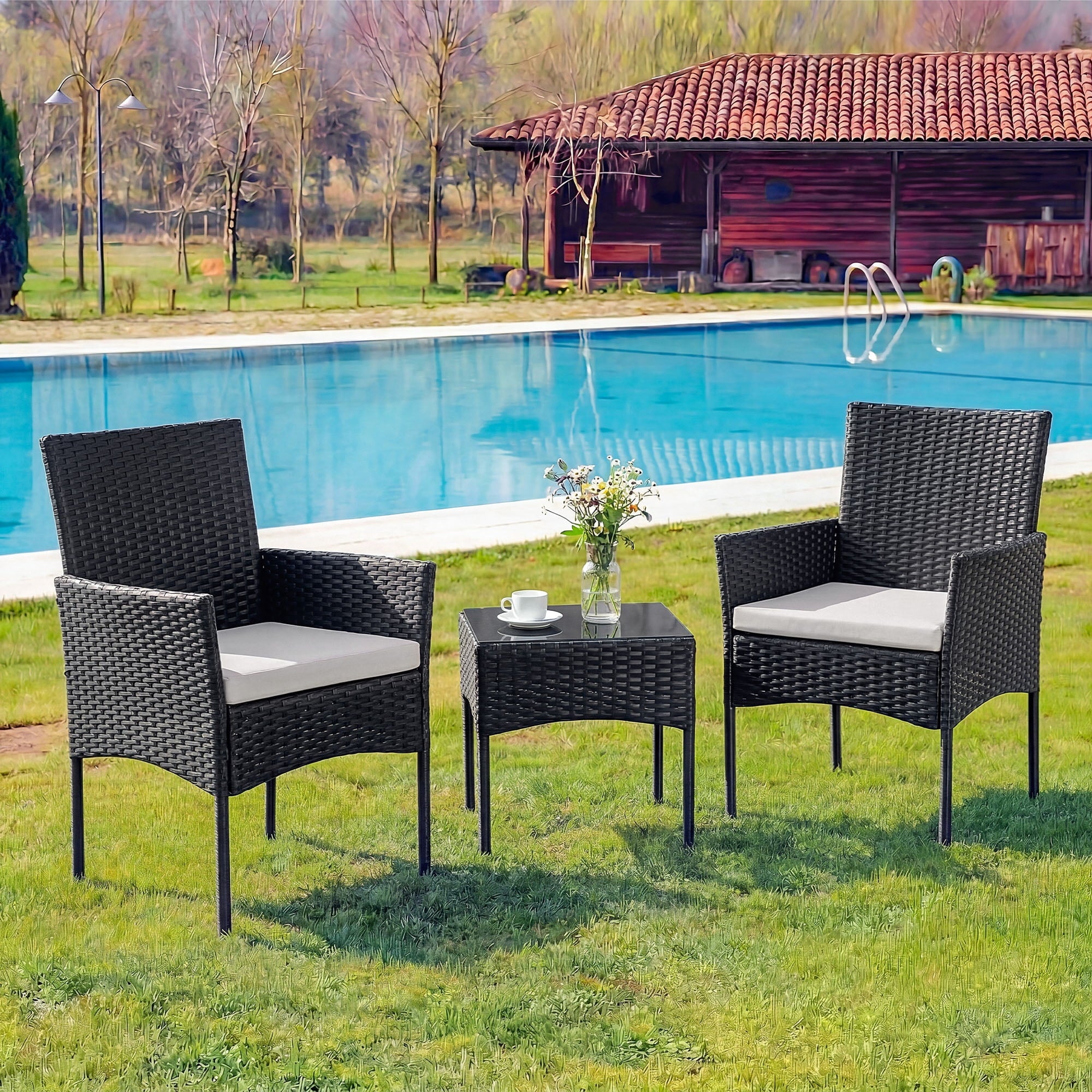 EDX Patio Conversation Set, All-Weather PE Rattan Outdoor Furniture with Wicker Chairs, Tempered Glass Table, Washable Cushions