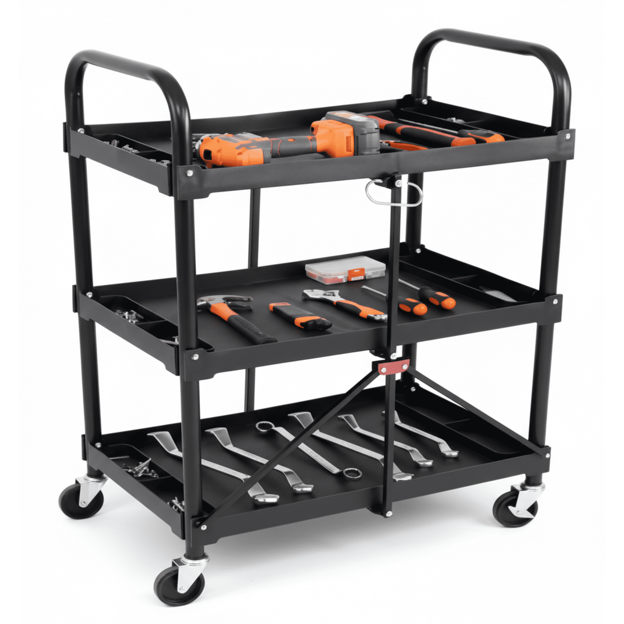 EDX 3-Tier Plastic Utility Cart with Lockable Wheels, Foldable Heavy-Duty Rolling Service Cart for Home, Office, Kitchen, or Restaurant,Black
