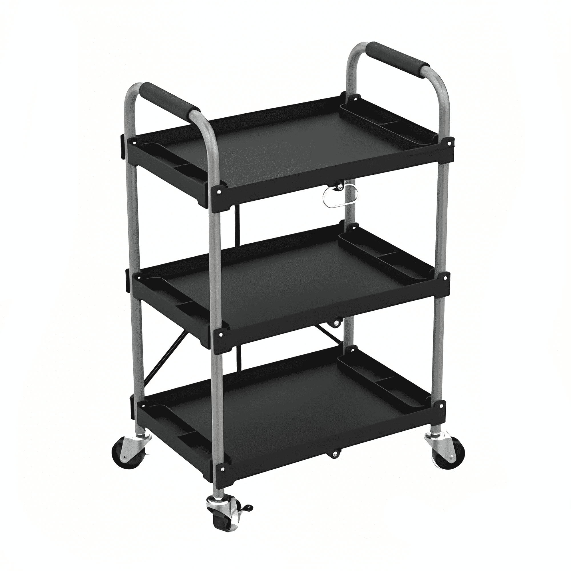 EDX 3-Tier Plastic Utility Cart with Lockable Wheels, Foldable Heavy-Duty Rolling Service Cart for Home, Office, Kitchen, or Restaurant,Black