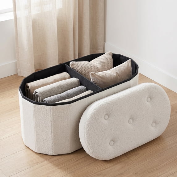 EDX Folding Ottoman Bench with Storage,Oval Ottoman Foot Rest with Upholstered Teddy Fabric,Bedside Bench with Hidden Storage Compartment for Living Room Entryway