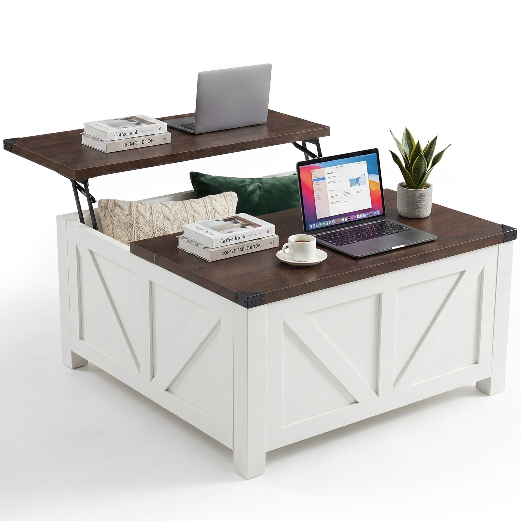 EDX 35.6" Lift Top Coffee Table with Large Hidden Storage Compartment and Adjustable Shelves, Farmhouse Wood Square Center Wood Table with Charging Station&USB Port for Home Office