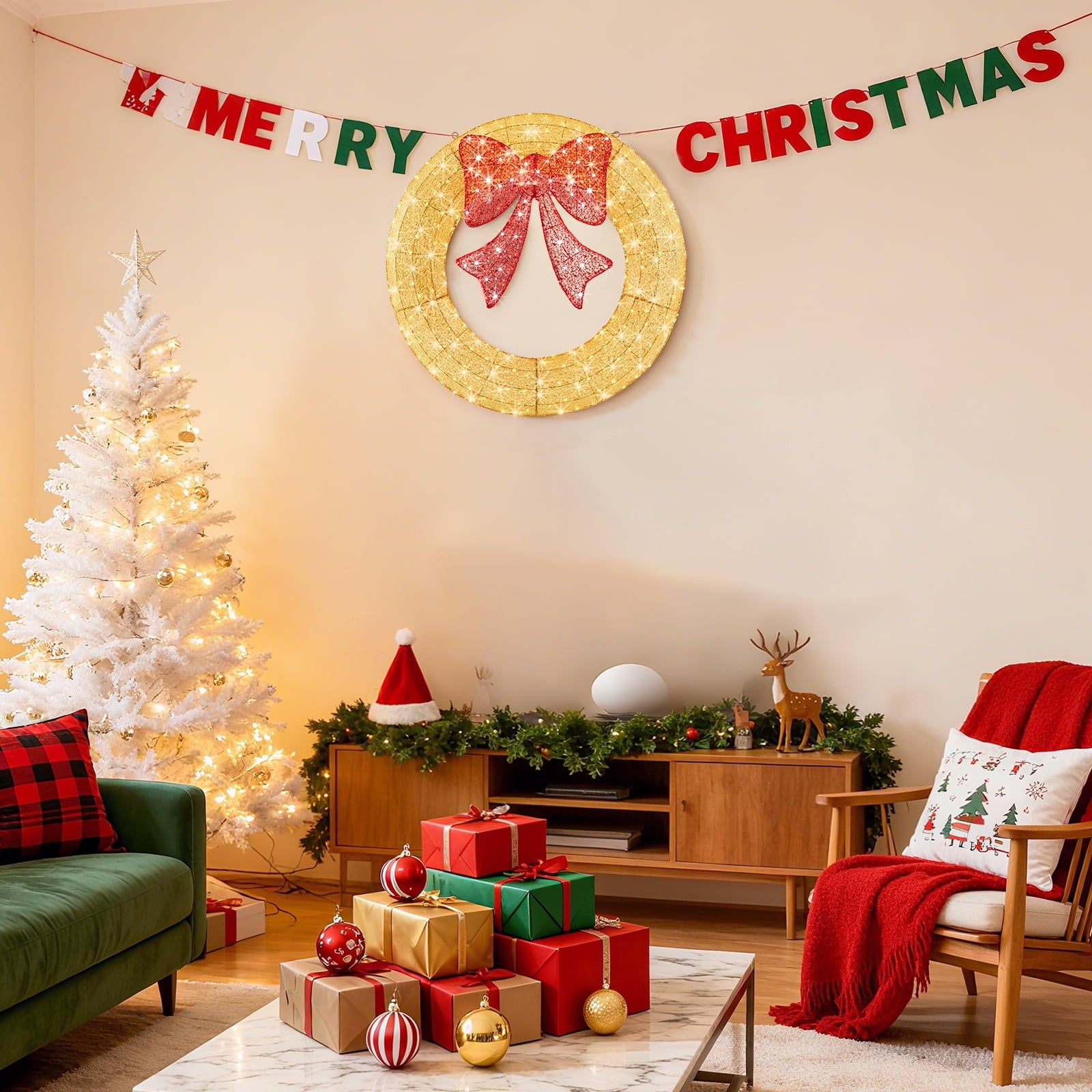 EDX  Pre-Lit Outdoor Christmas Wreath Decoration, LED Metal Holiday Decor for Home w/ 120 Lights, Bow