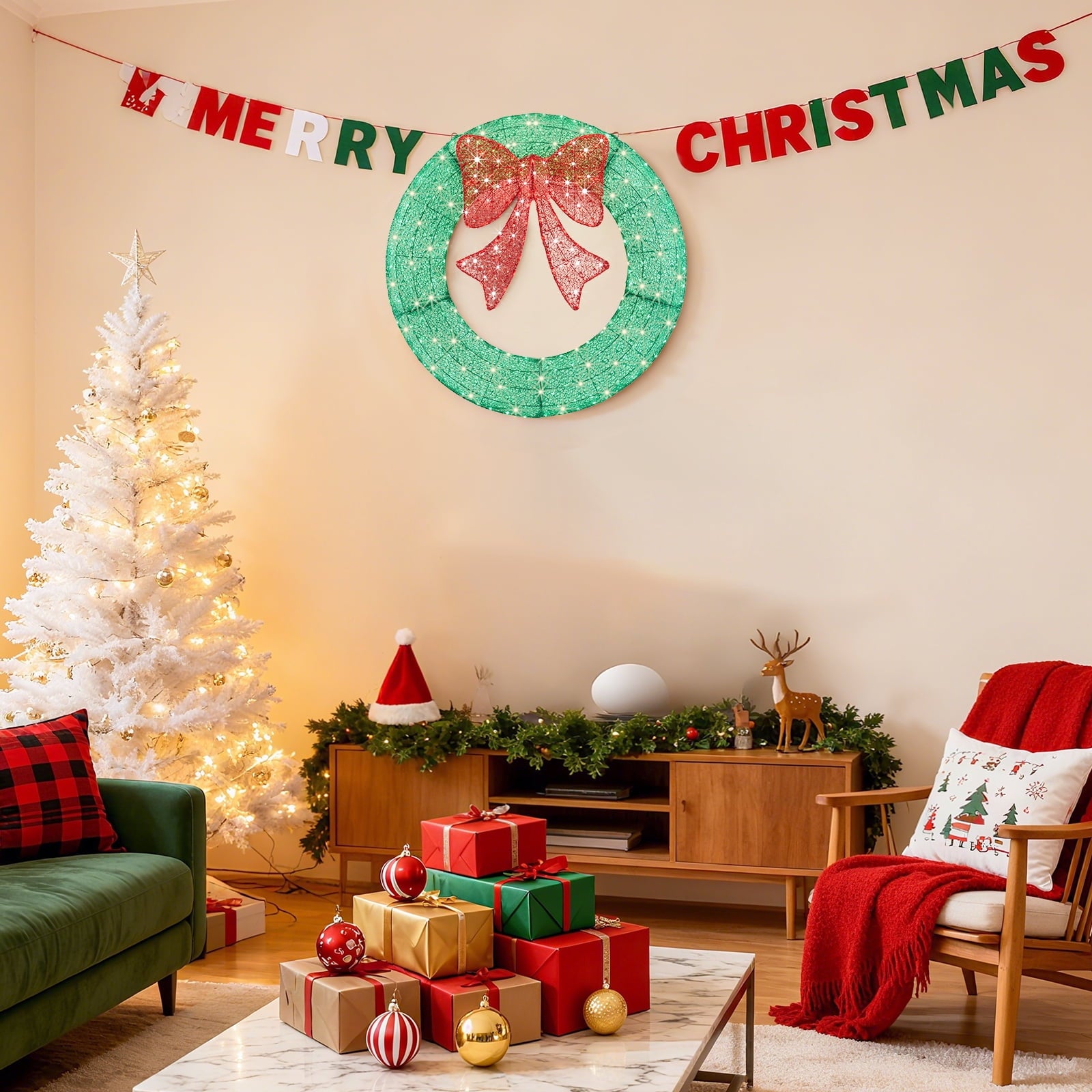 EDX  Pre-Lit Outdoor Christmas Wreath Decoration, LED Metal Holiday Decor for Home w/ 120 Lights, Bow