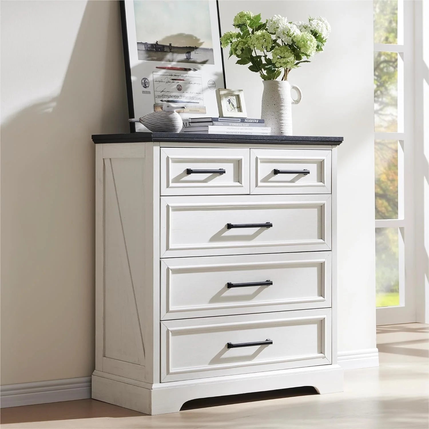 EDX 36" Farmhouse 5-Drawer Dressers for Bedroom and Living Room Storage, Stylish Wood Chest of Drawers, White