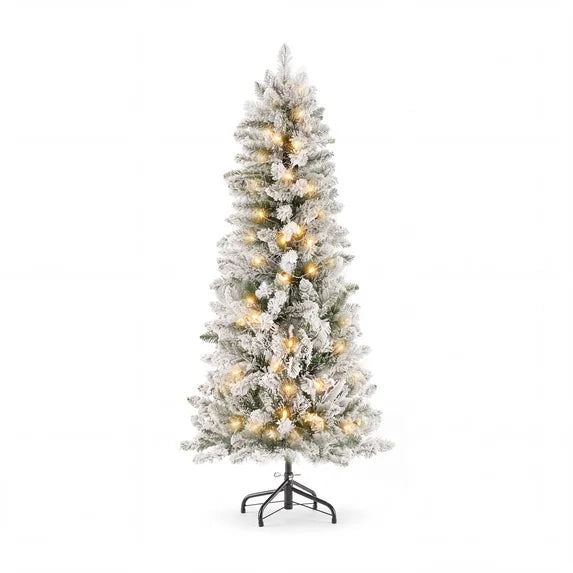 edx Pre-lit Snow Flocked Pencil Christmas Tree, Prelighted Artificial Slim Christmas Trees, With LED Lights,  Branch Tips & Foldable Base, For Home, Office, Party Decoration