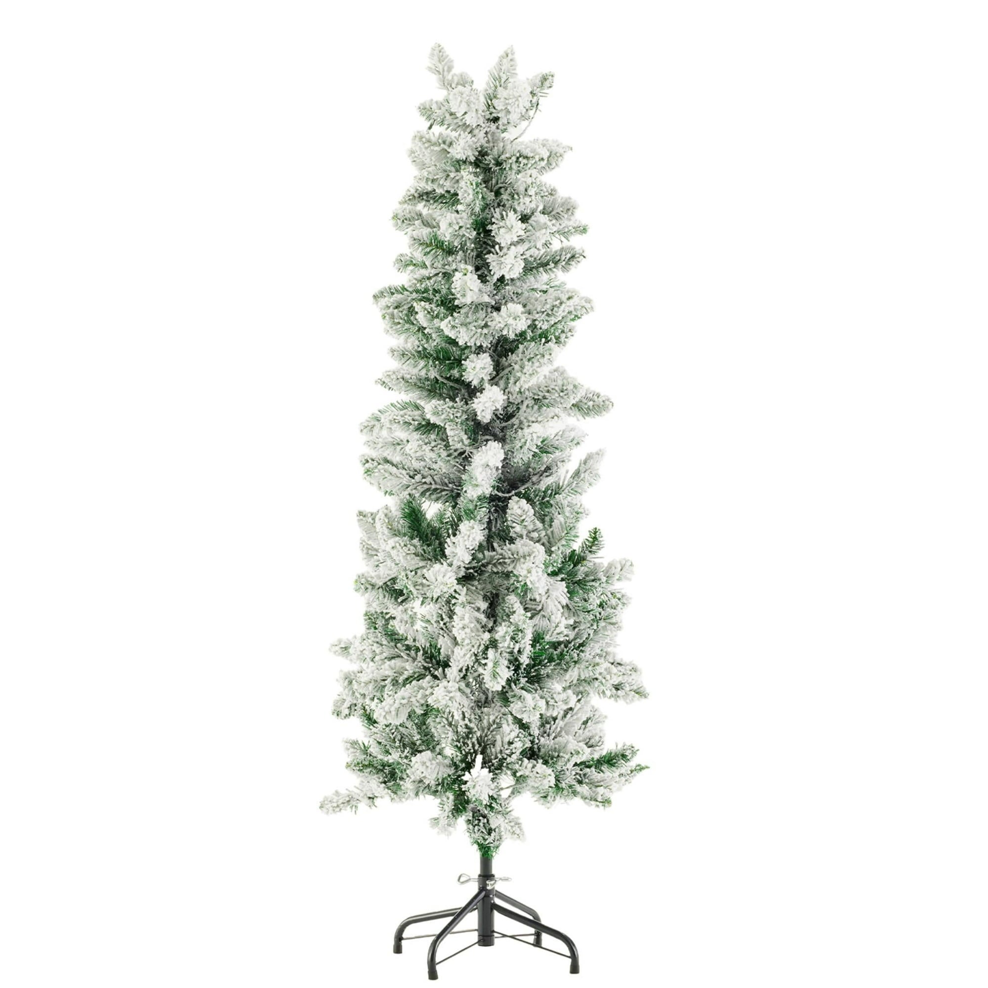 EDX Pre-lit Snow Flocked Pencil Christmas Tree, Prelighted Artificial Slim Christmas Trees, With ncandescent Lights, Branch Tips & Foldable Base, For Home, Office, Party Decoration
