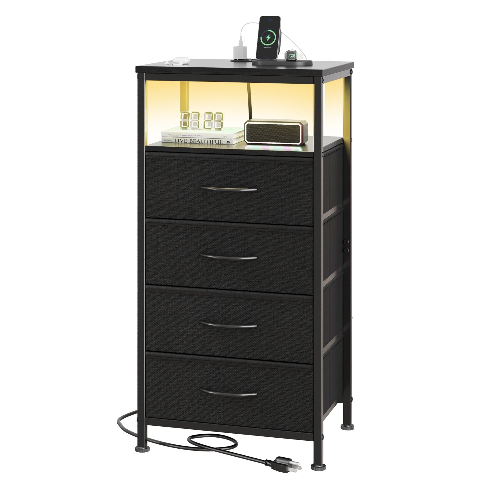 EDX Fabric Drawers Nightstand with Charging Station & USB/Type-C Ports and Outlets, Variable Light Strip Bedside End Table with Adjustable Feet for Bedroom