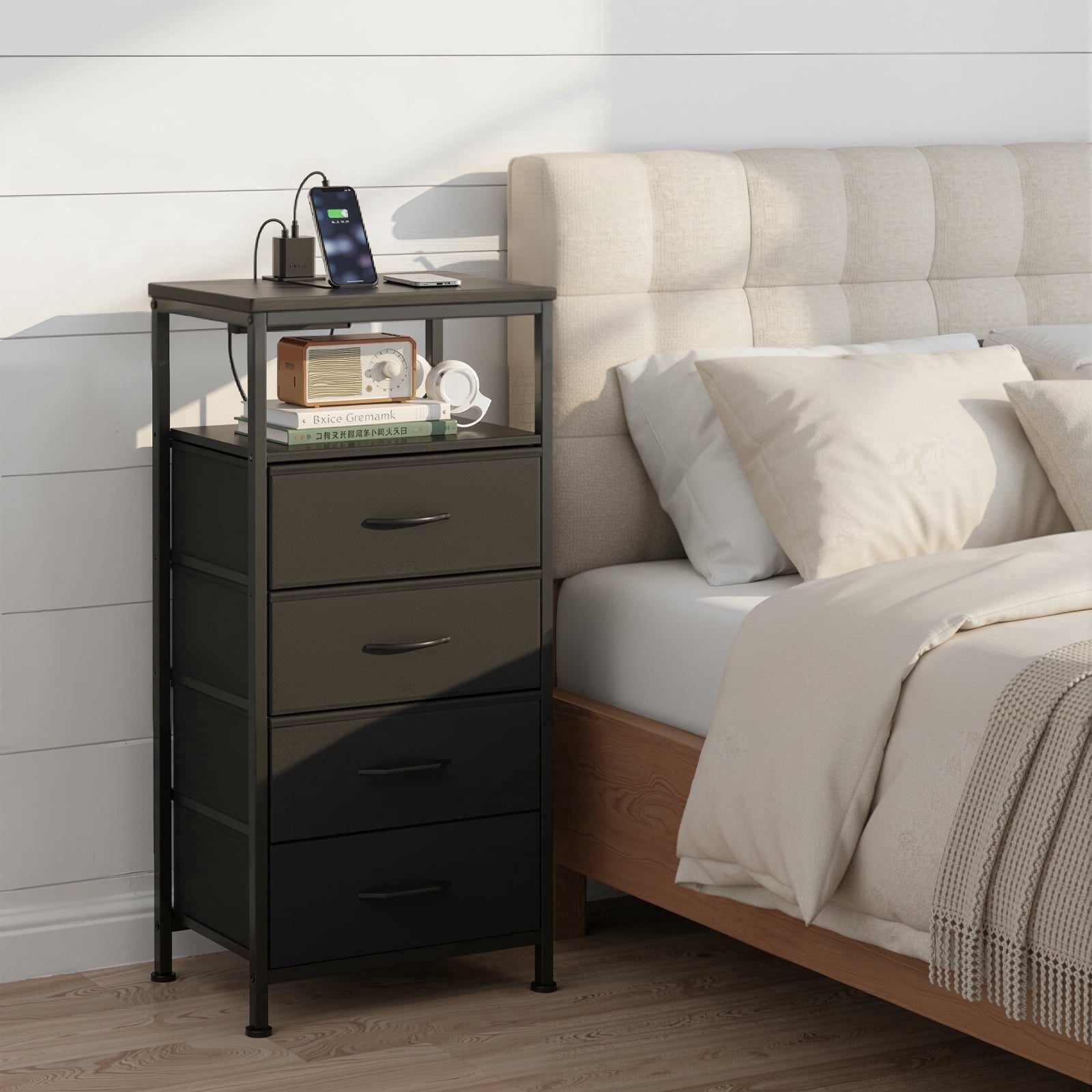 edx  Fabric Drawers Nightstand with Charging Station & USB/Type-C Ports and Outlets, Variable Light Strip Bedside End Table with Adjustable Feet for Bedroom