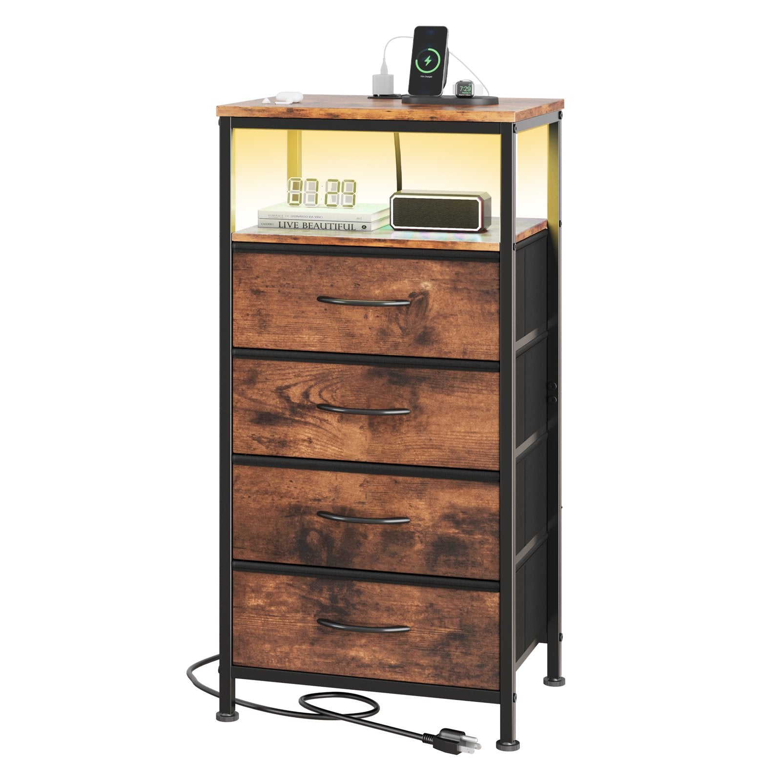 EDX Fabric Drawers Nightstand with Charging Station & USB/Type-C Ports and Outlets, Variable Light Strip Bedside End Table with Adjustable Feet for Bedroom