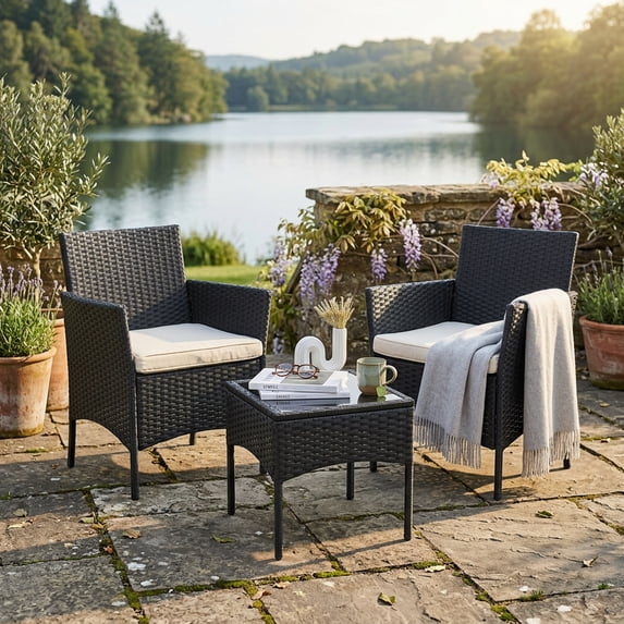 EDX Patio Furniture Set,Wicker Rattan Outdoor Conversation Furniture Set with Tempered Glass Tabletop & Removable Cushion for Garden, Balcony, Poolside, Porch
