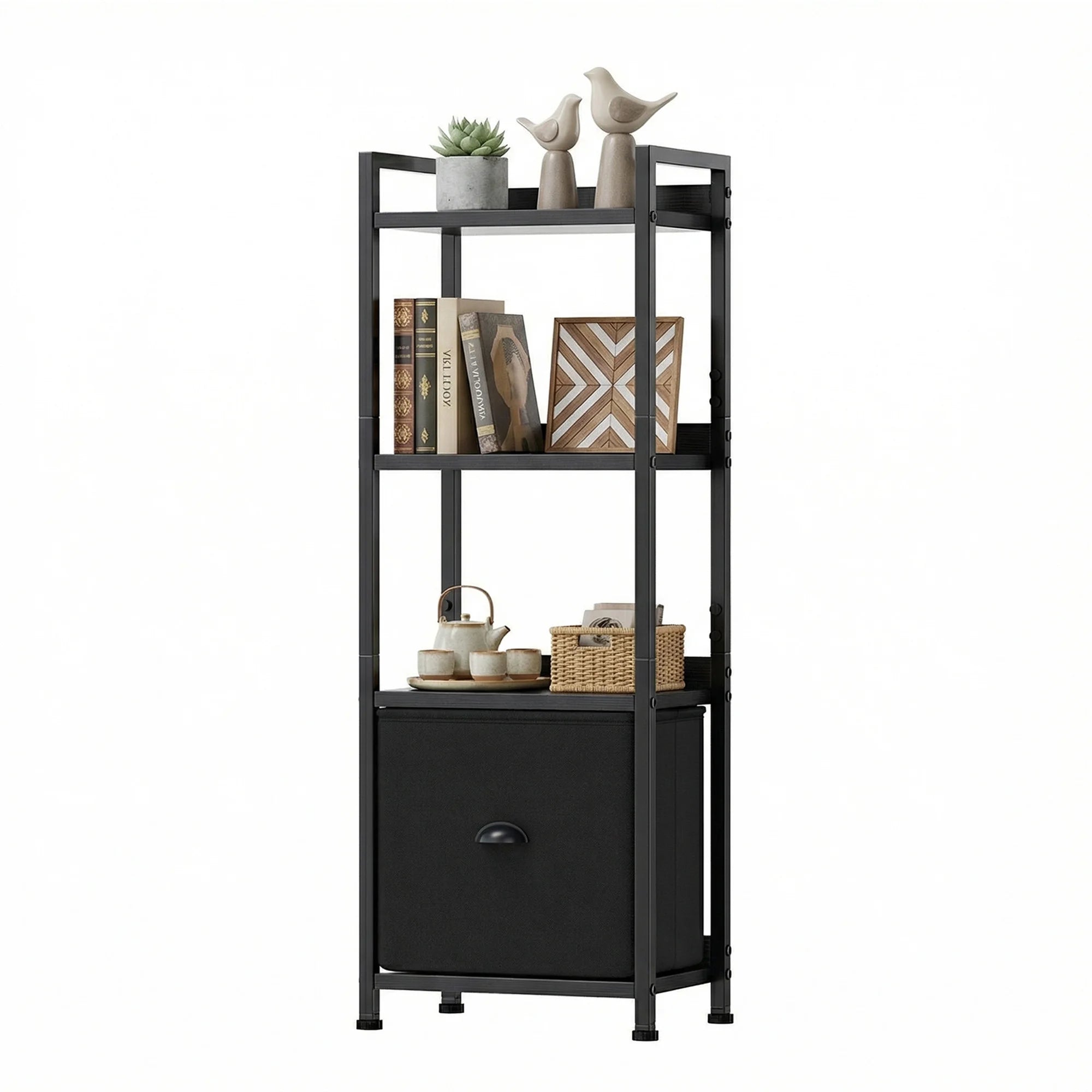 EDX Bookshelf with Drawer, Narrow Bookcase with Shelves, Industrial Display Standing Shelf Unit for Bedroom, Living Room