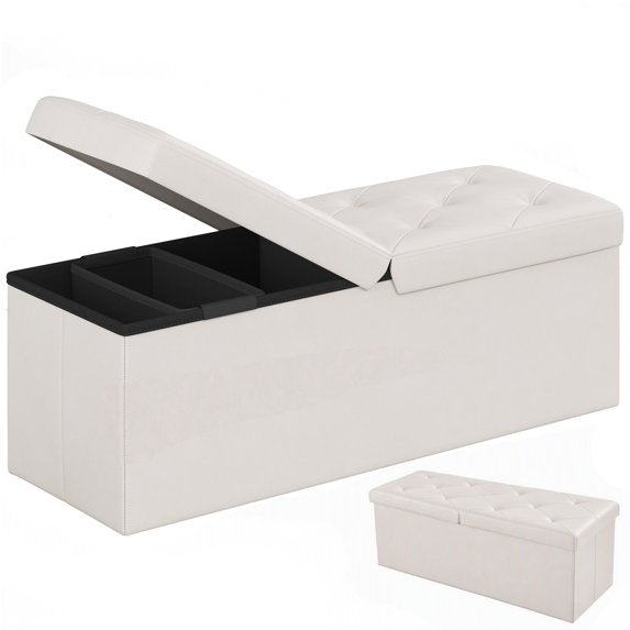 EDX Folding Storage Ottoman Bench,Dual Flip-Top Storage Bench with Divider, Padded PVC Seat, Hidden Storage Ottoman for End of Bed, Bedroom, Living Room,Entryway