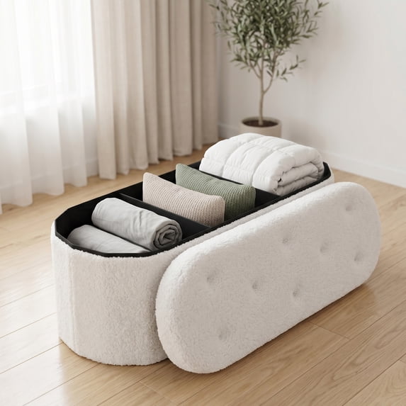EDX Folding Ottoman Bench with Storage,Oval Ottoman Foot Rest with Upholstered Teddy Fabric,Bedside Bench with Hidden Storage Compartment for Living Room Entryway