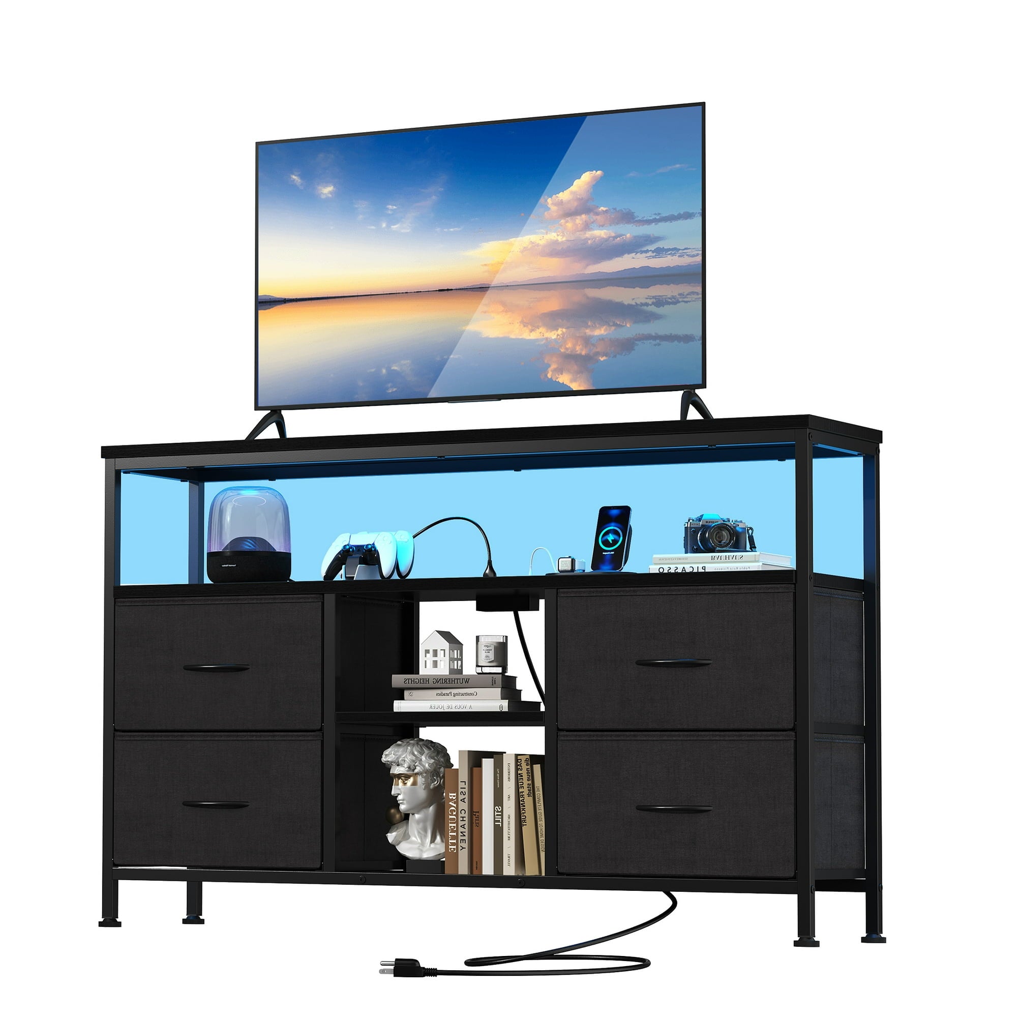 EDX 43-inch TV Stand with Power Outlets and LED Light, Double-layer 4 Fabric Drawers , Media Console with Storage for Living Room or Bedroom