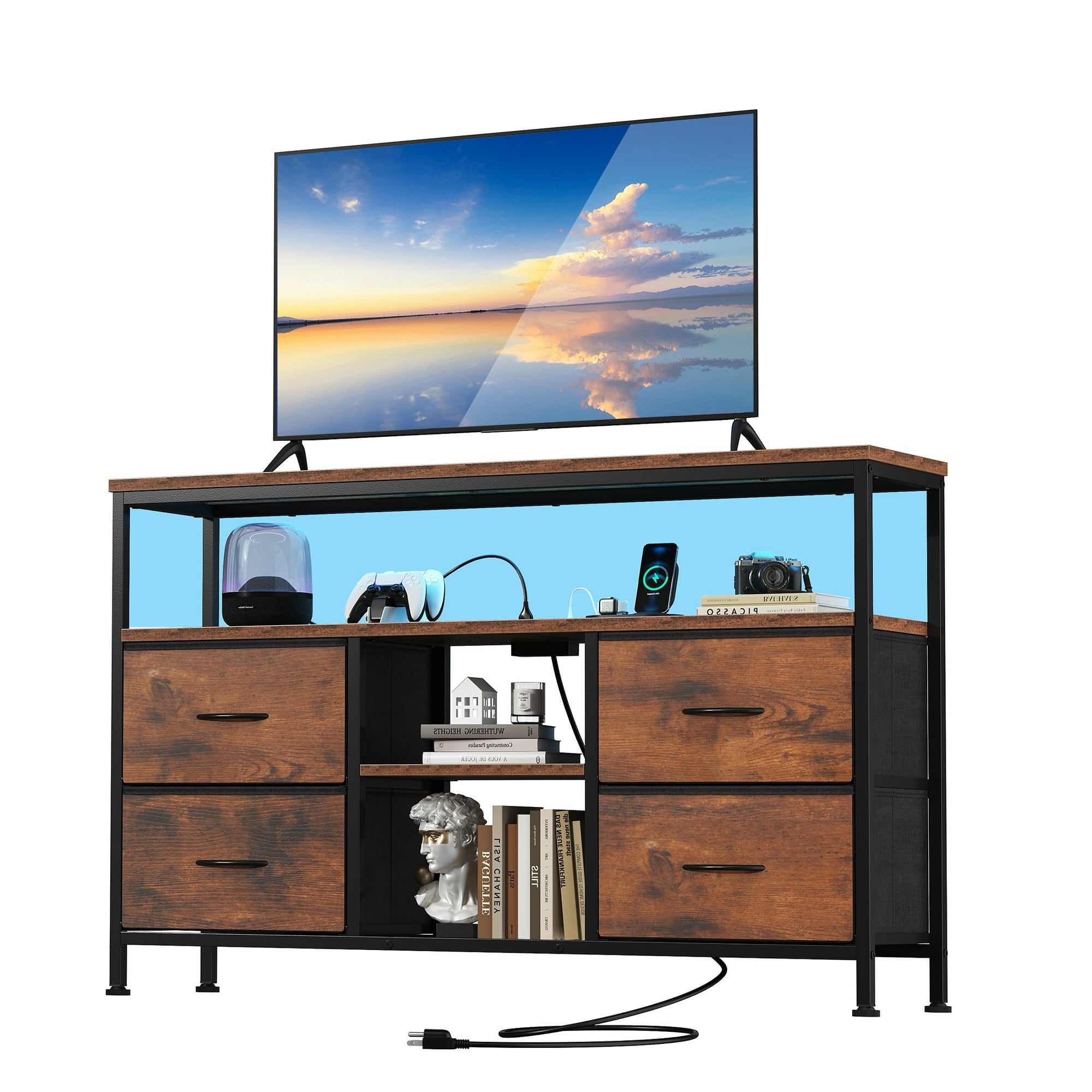 EDX 43-inch TV Stand with Power Outlets and LED Light, Double-layer 4 Fabric Drawers , Media Console with Storage for Living Room or Bedroom