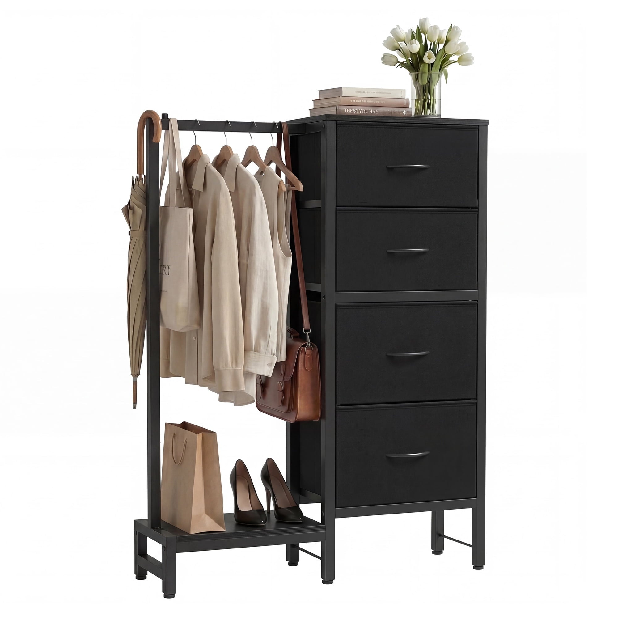 EDX Dresser for Bedroom with Hanging Rack, Dresser with LED Lights & Charging Station, Fabric Dressers & Chest of Drawers with Rack, Wooden Top, Grid Panel