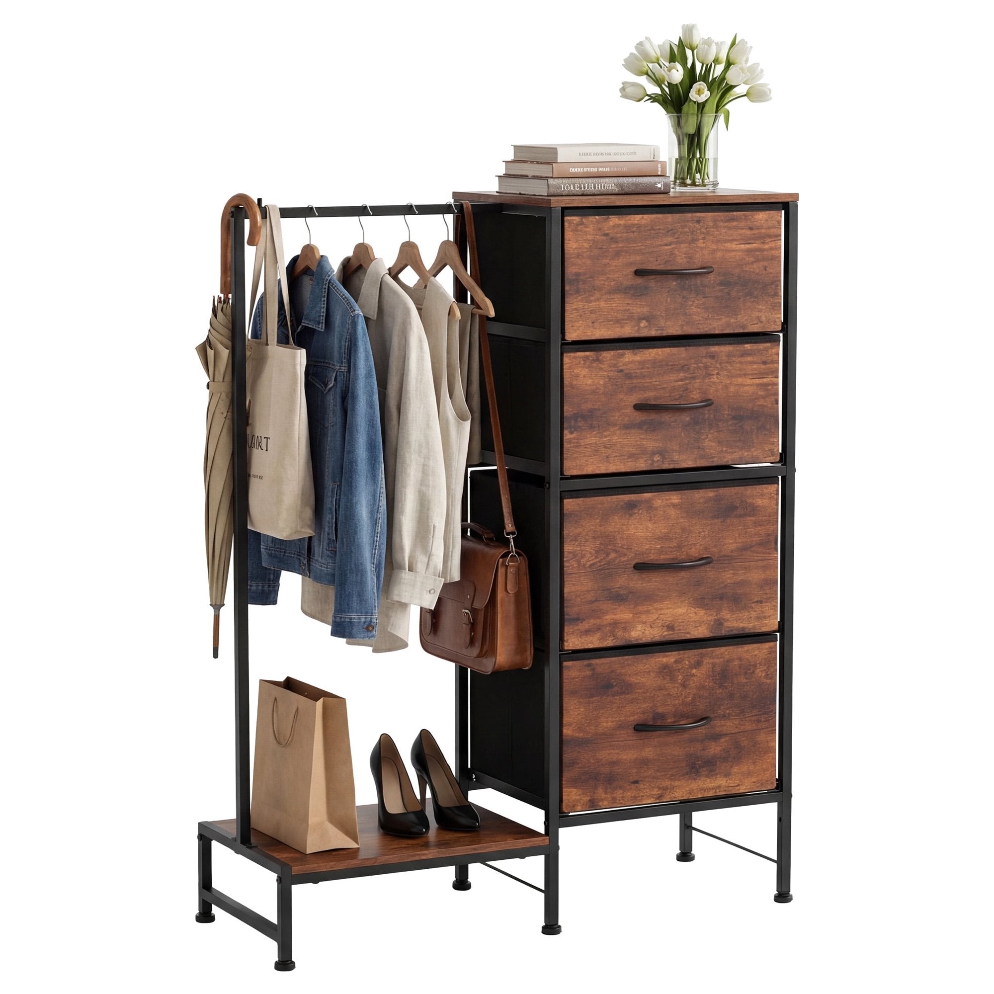 EDX Dresser for Bedroom with Hanging Rack, Dresser with LED Lights & Charging Station, Fabric Dressers & Chest of Drawers with Rack, Wooden Top, Grid Panel