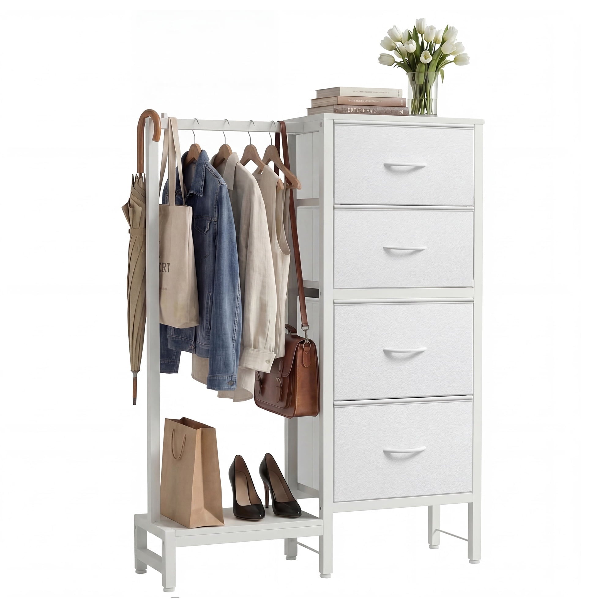 EDX Dresser for Bedroom with Hanging Rack, Dresser with LED Lights & Charging Station, Fabric Dressers & Chest of Drawers with Rack, Wooden Top, Grid Panel