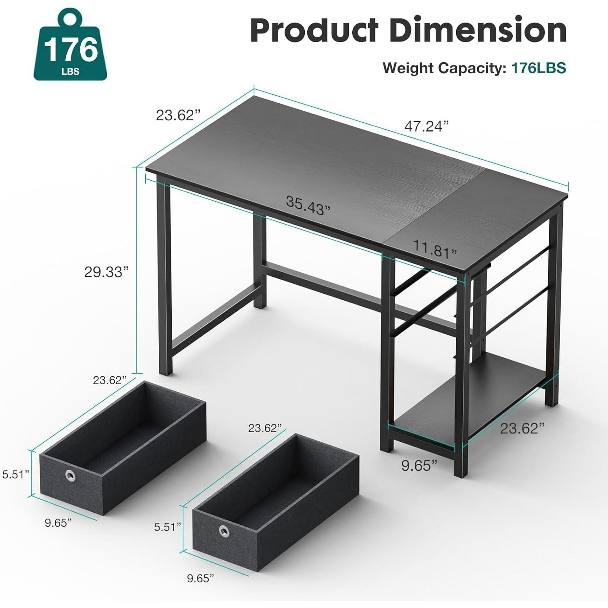 EDX  Computer Desk with Sturdy Metal Frame and Side Storage Bag, Modern Writing Table for Home Office or Study Room