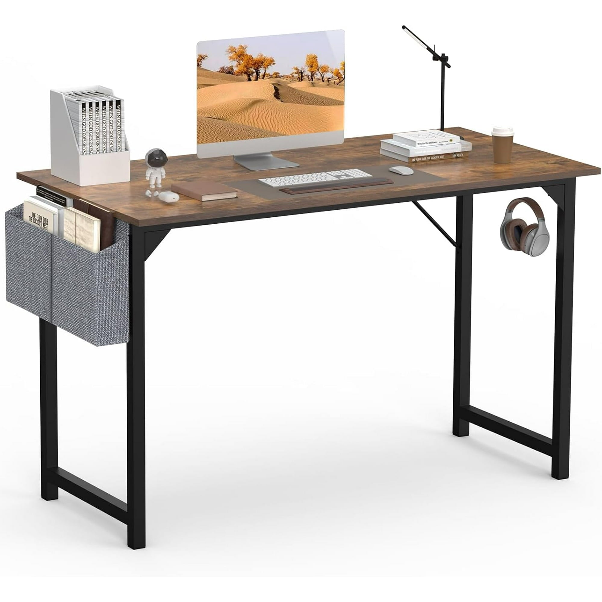 EDX  Computer Desk with Sturdy Metal Frame and Side Storage Bag, Modern Writing Table for Home Office or Study Room
