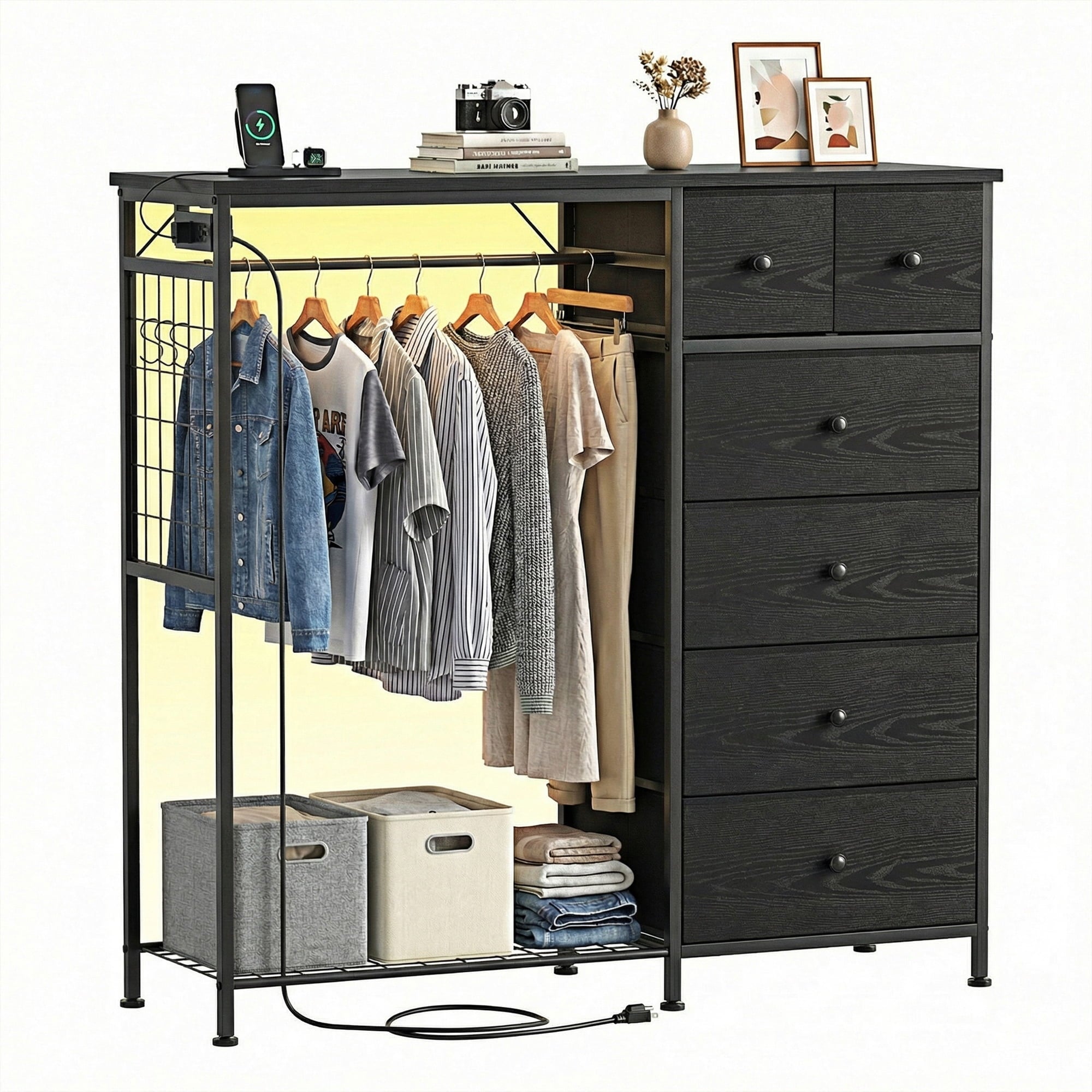 EDX Dresser for Bedroom with Hanging Rack, Dresser with LED Lights & Charging Station, Fabric Dressers & Chest of Drawers with Rack, Wooden Top, Grid Panel