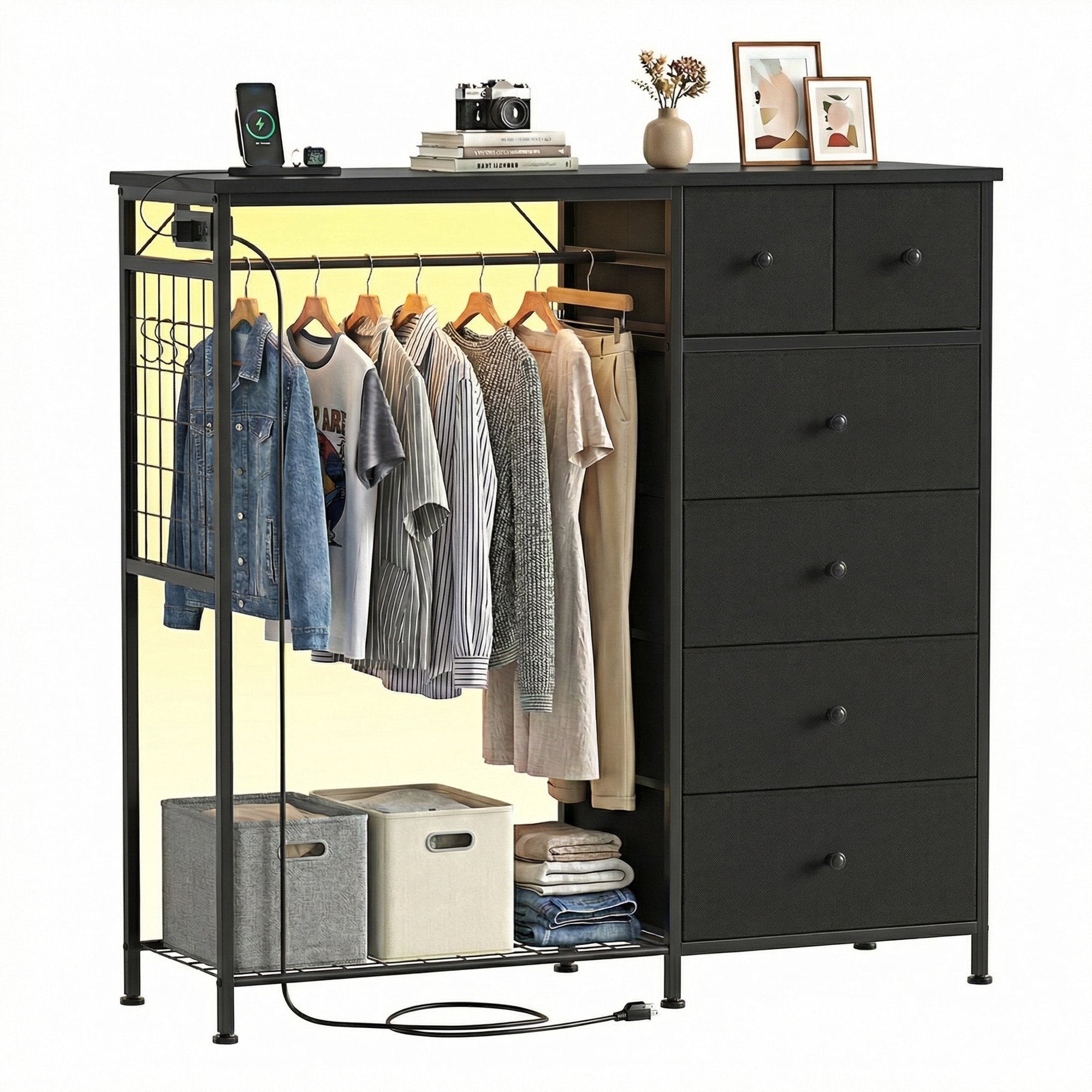EDX Dresser for Bedroom with Hanging Rack, Dresser with LED Lights & Charging Station, Fabric Dressers & Chest of Drawers with Rack, Wooden Top, Grid Panel